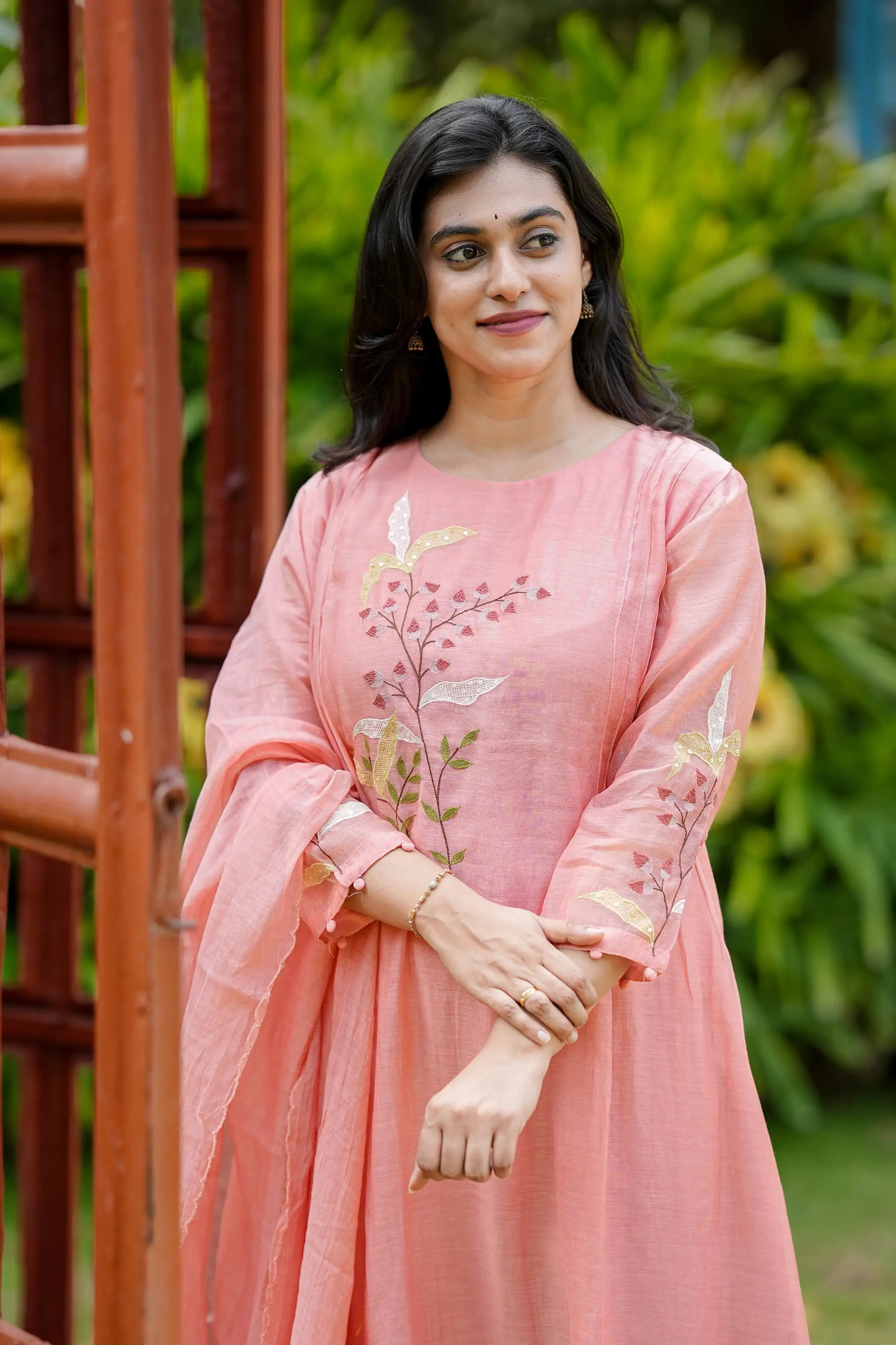 Peach Floral Embroidered Mul Chanderi Suit Set