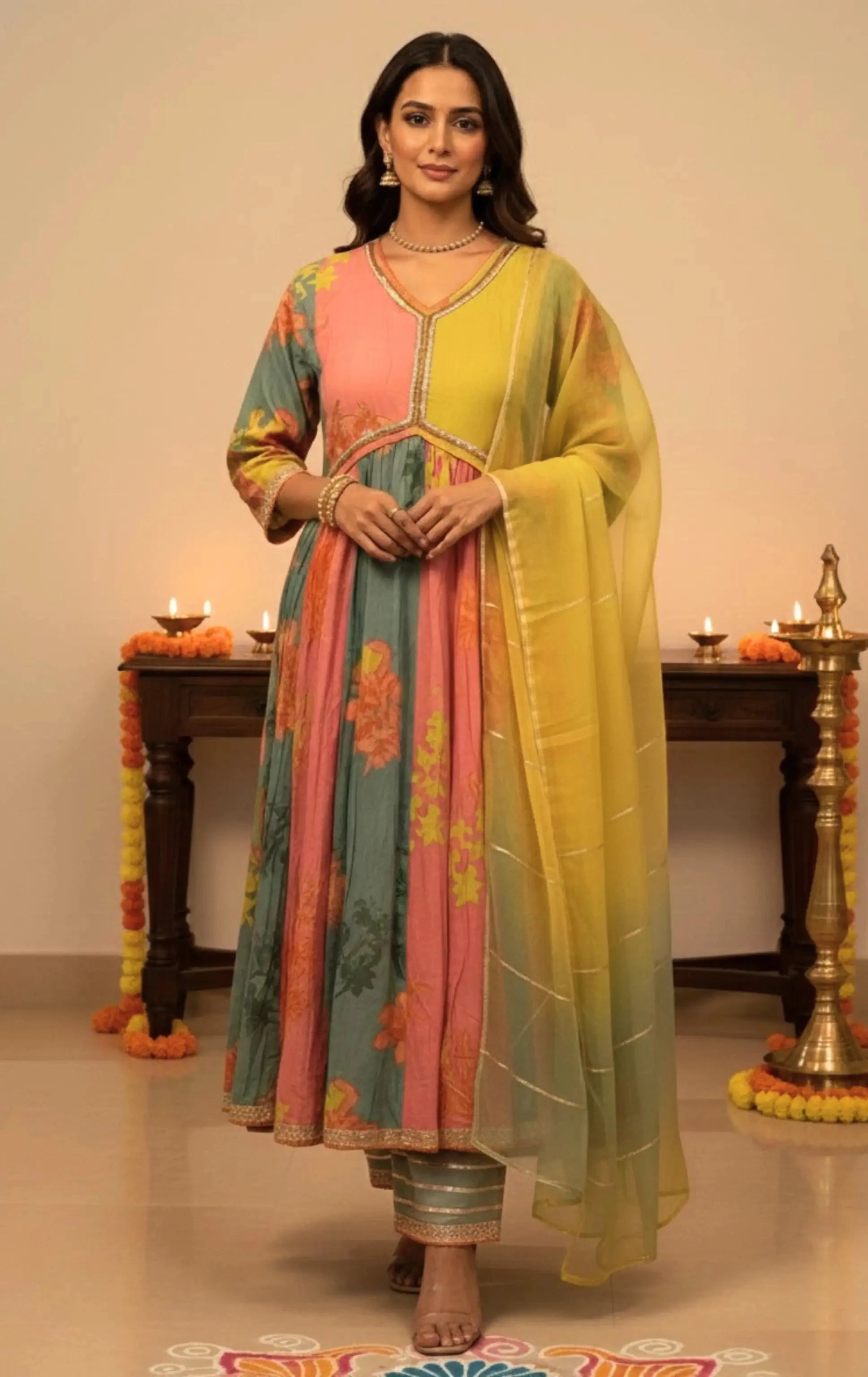 Multi-Coloured Fancy Silk Alia-Cut Suit Set