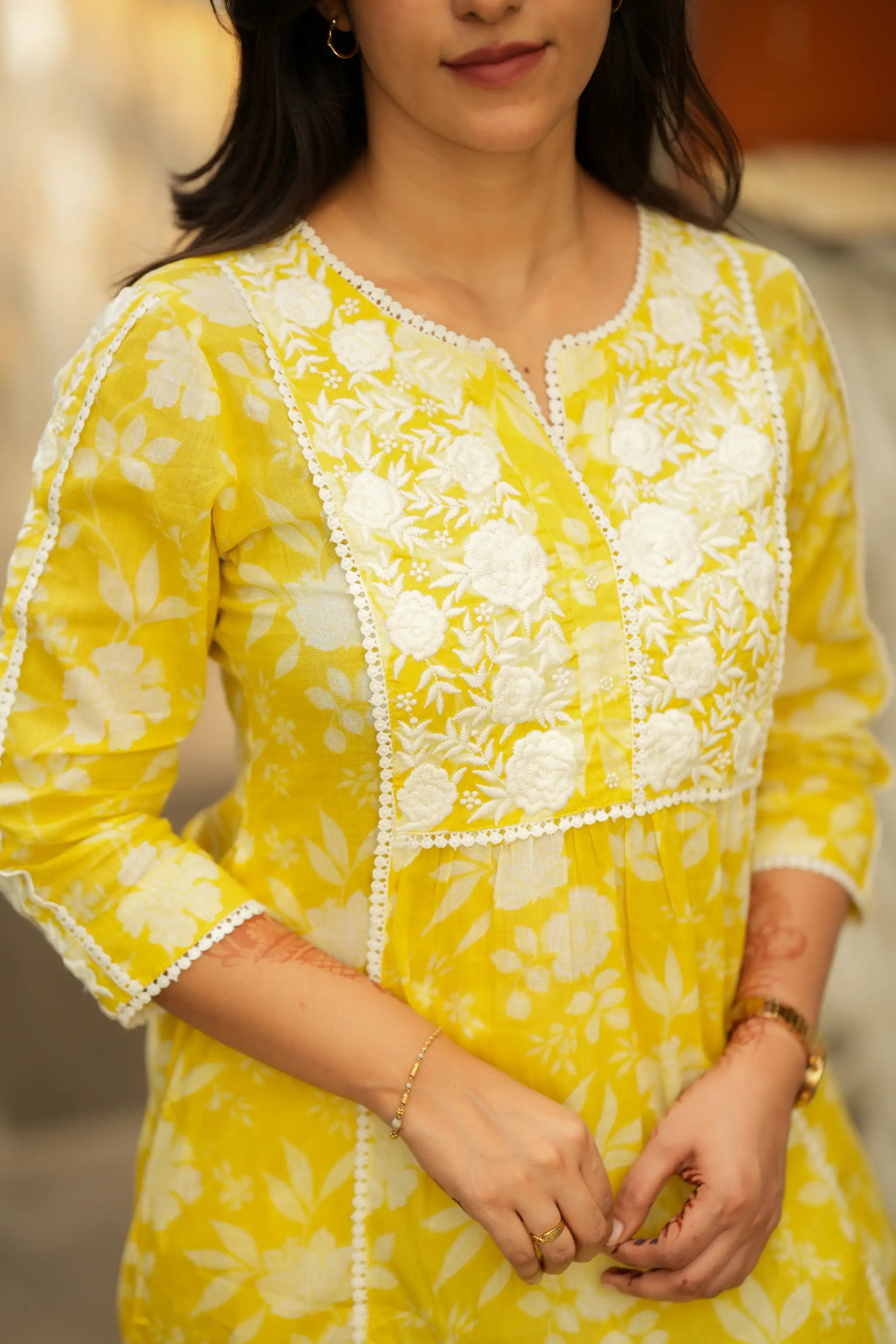 Yellow Floral Embroidered Cotton Kurti Set with Digital Print