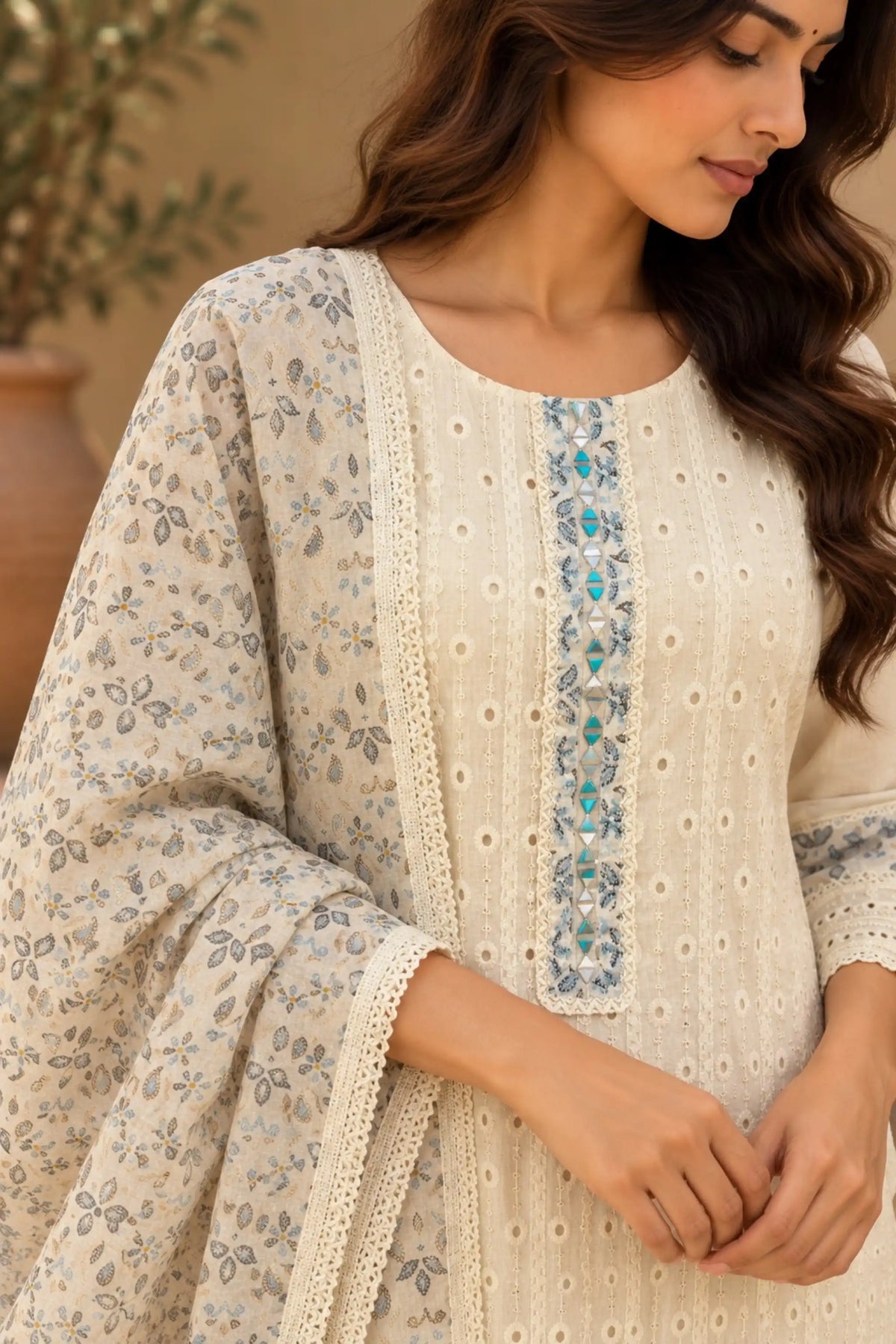 White Mirror Embroidered Cotton Suit Set