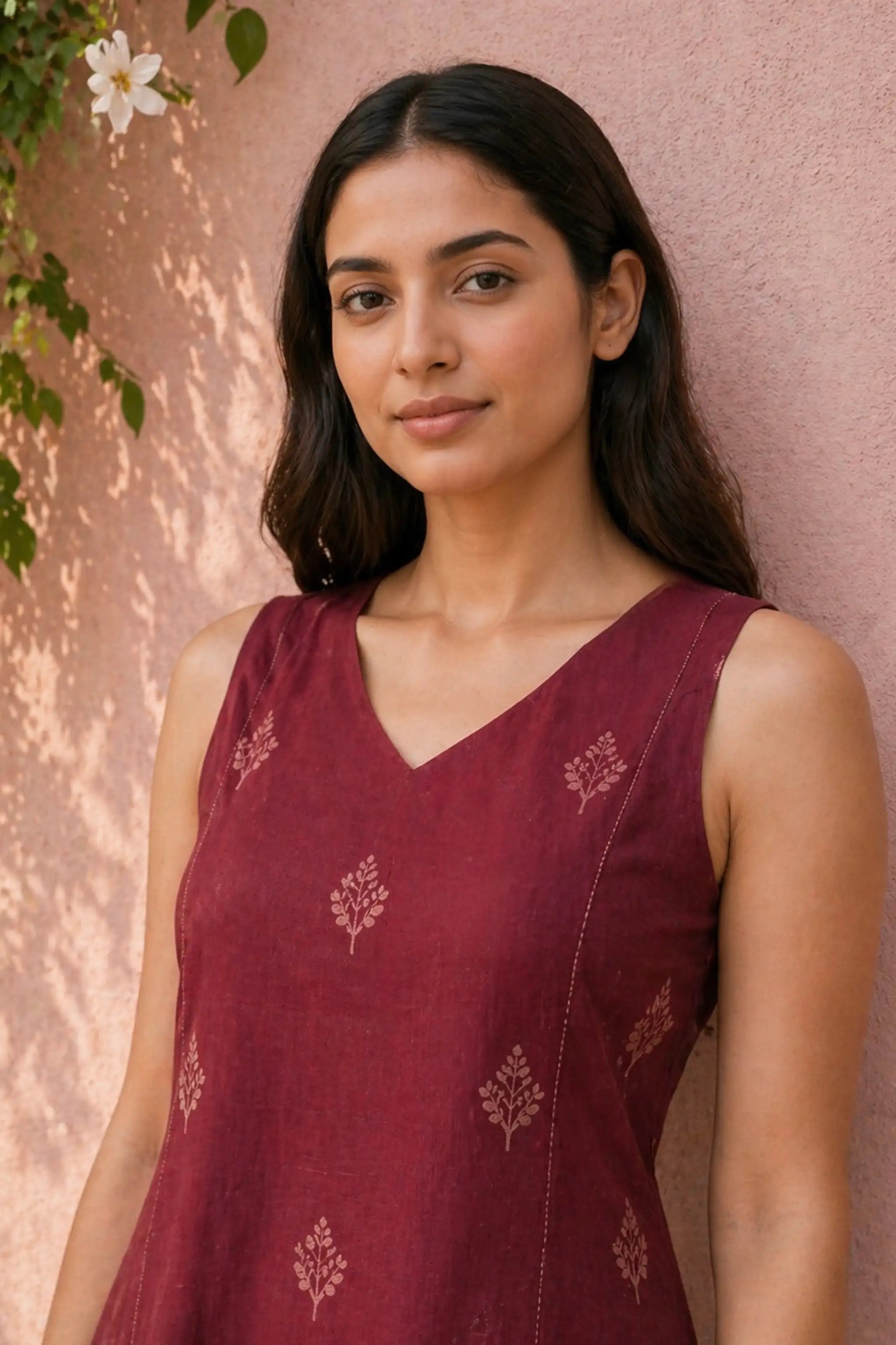 Magenta Floral Embroidered Cotton Kurti Set