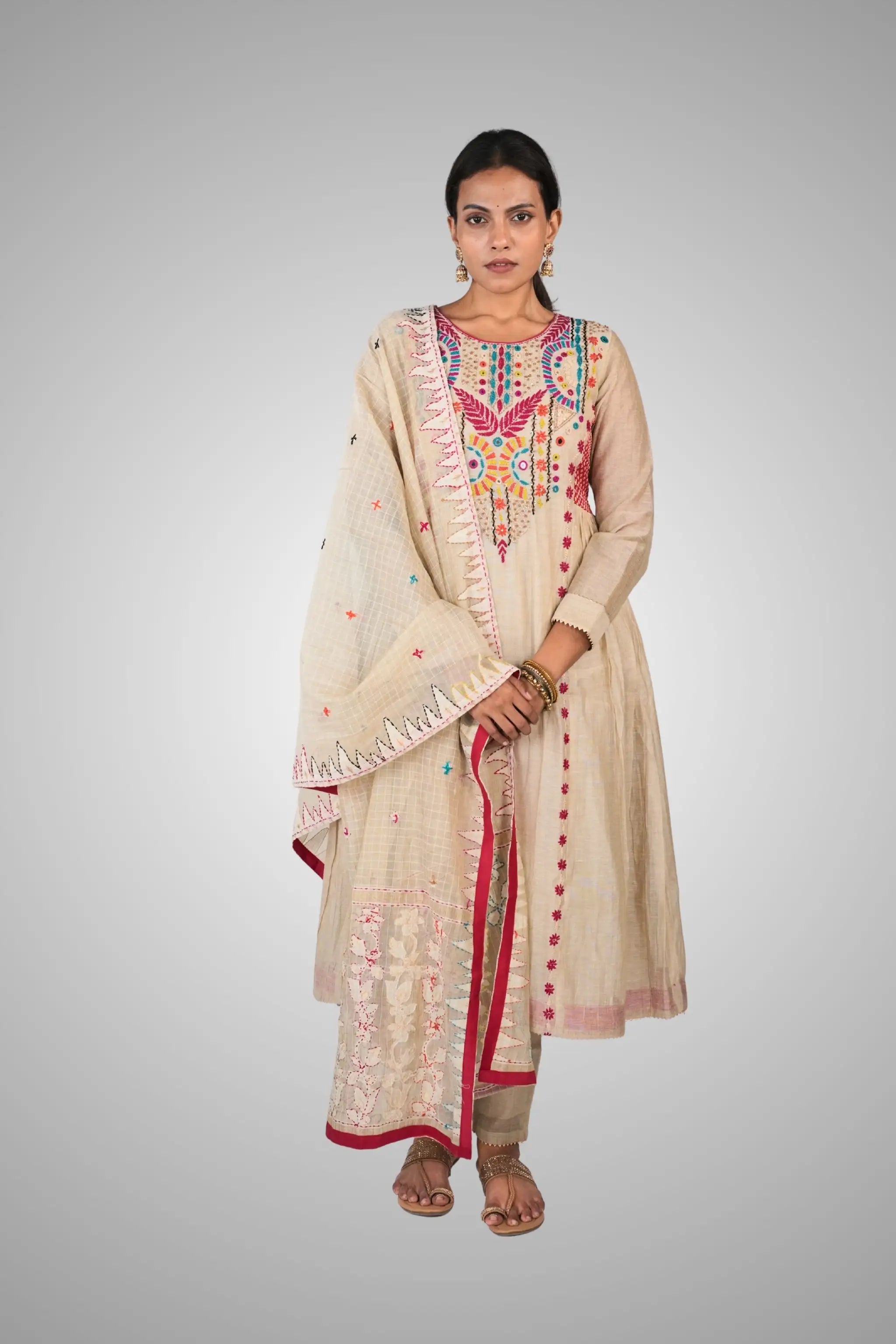 Beige Kantha Embroidered Chanderi Anarkali Suit Set