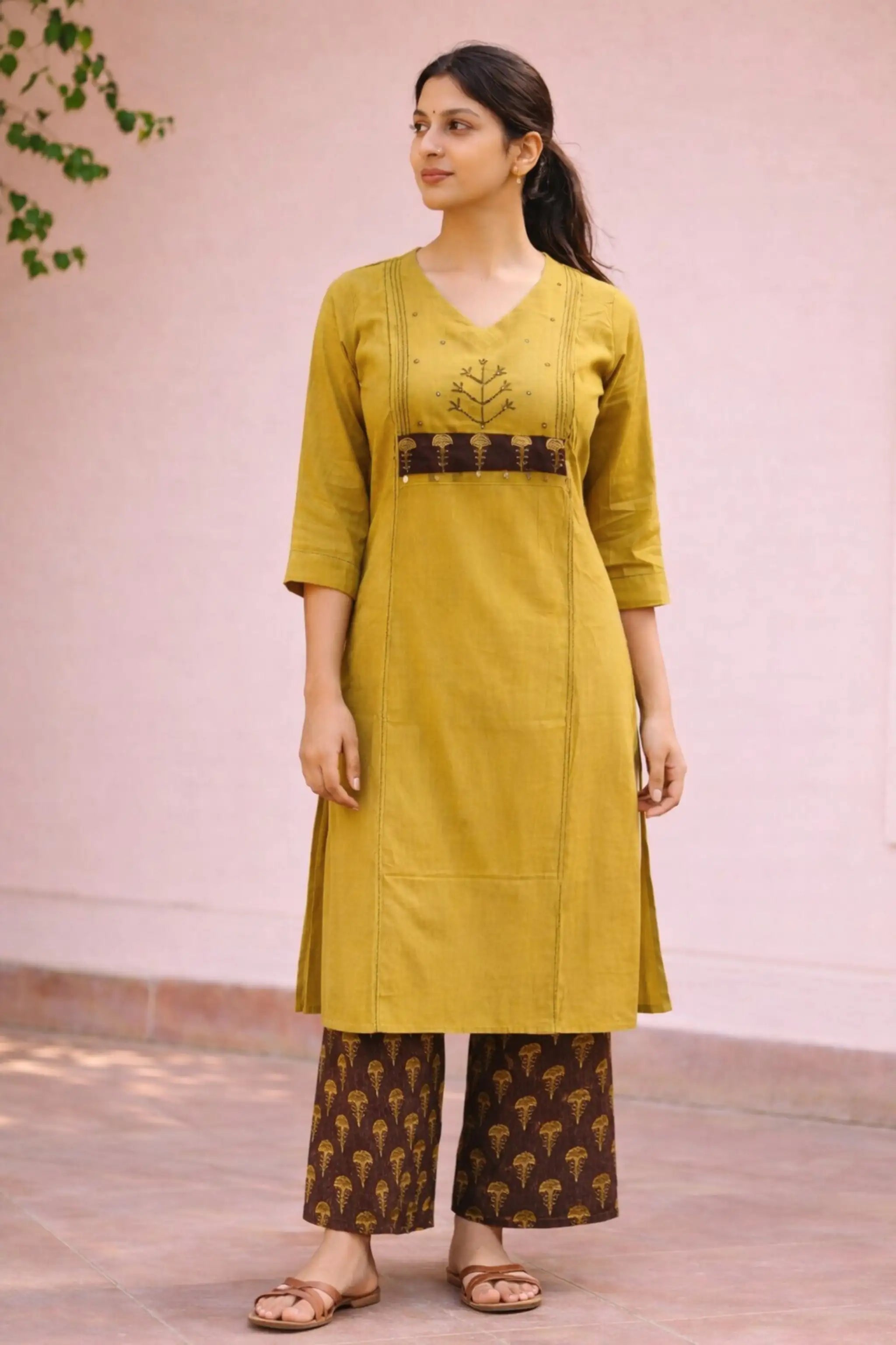 Yellow Embroidered Handloom Cotton Kurti Set