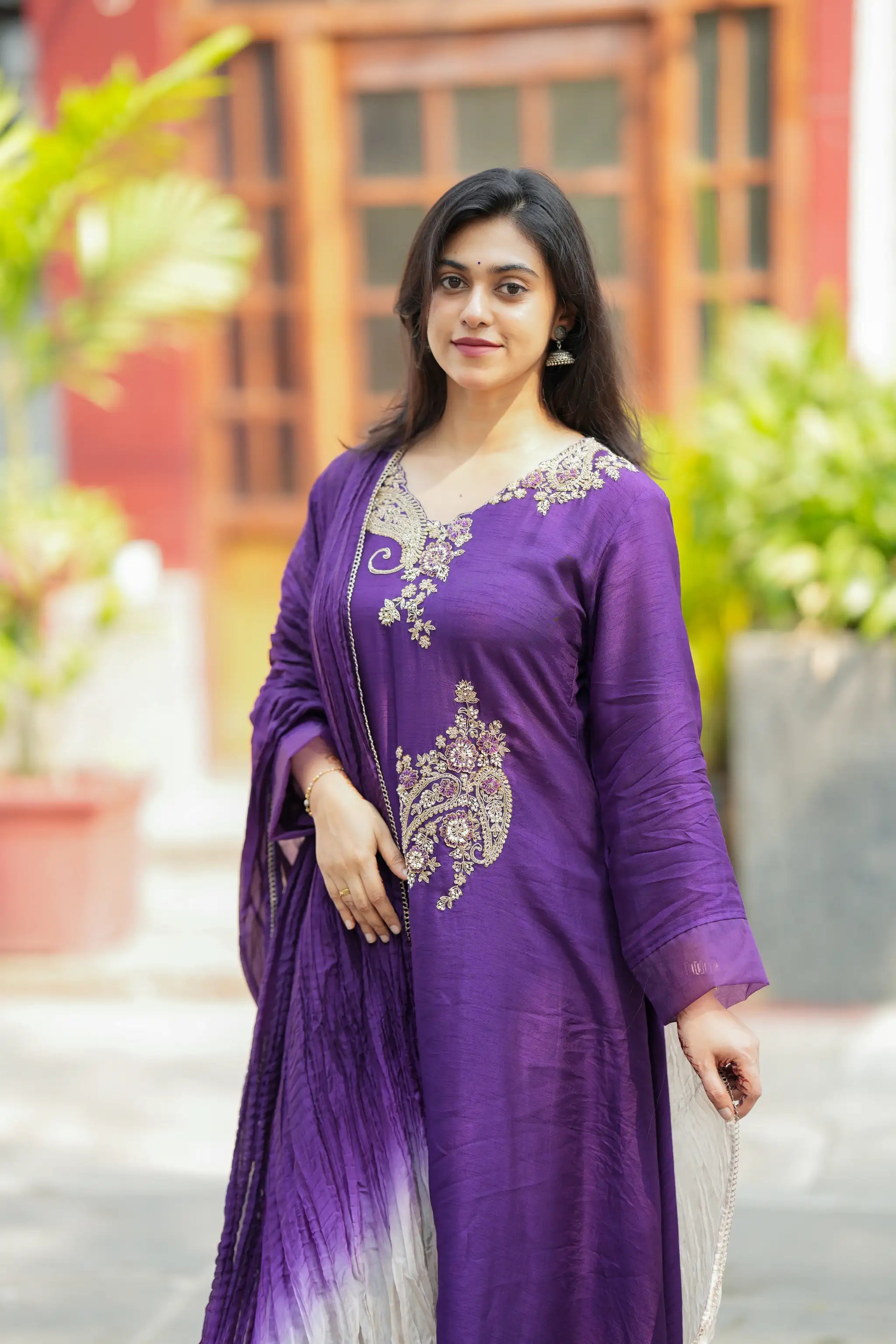 Purple Zardosi Embroidered Silk Suit Set with Beadwork & Sequin Detailing
