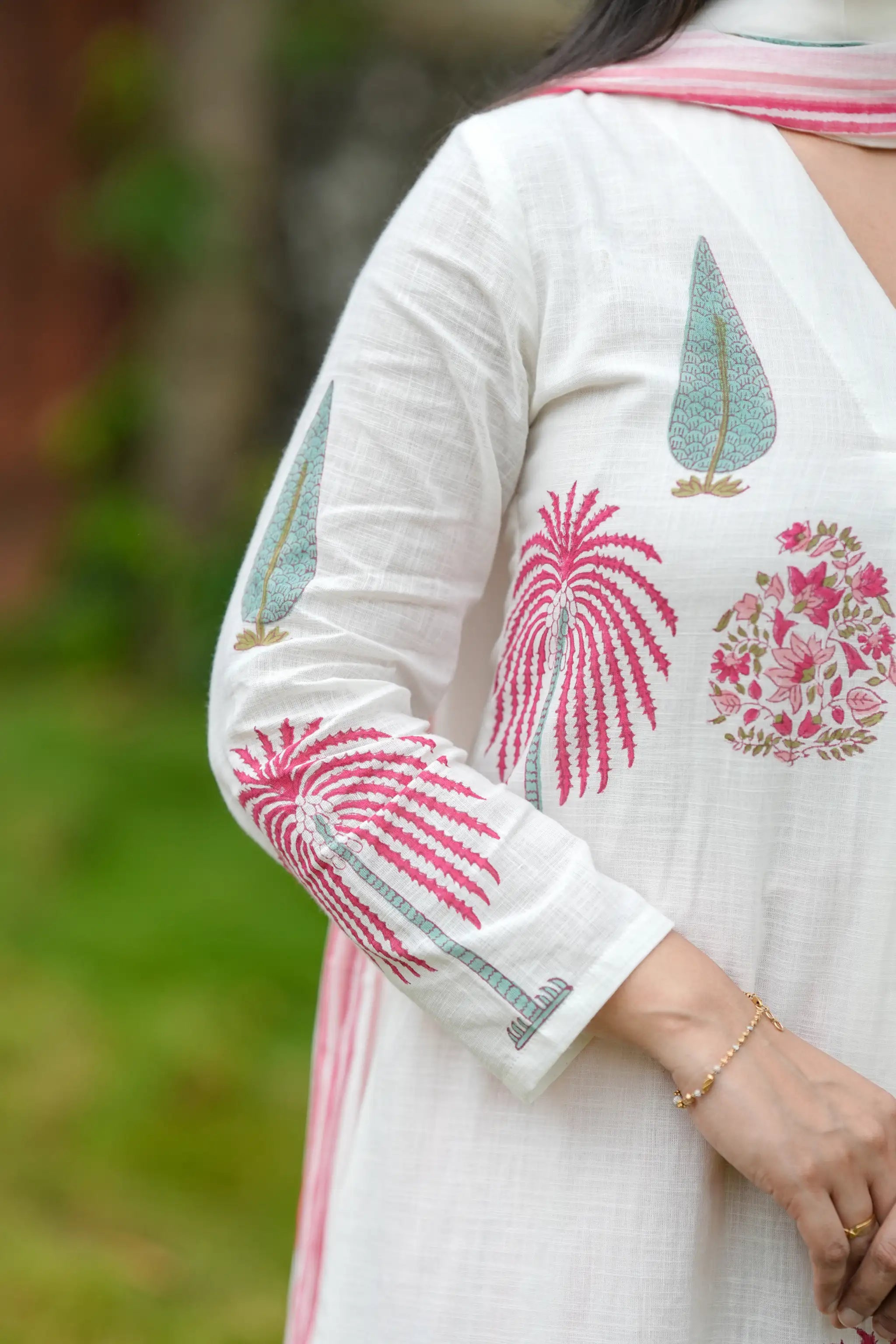 White Cotton Hand Block Printed Suit Set