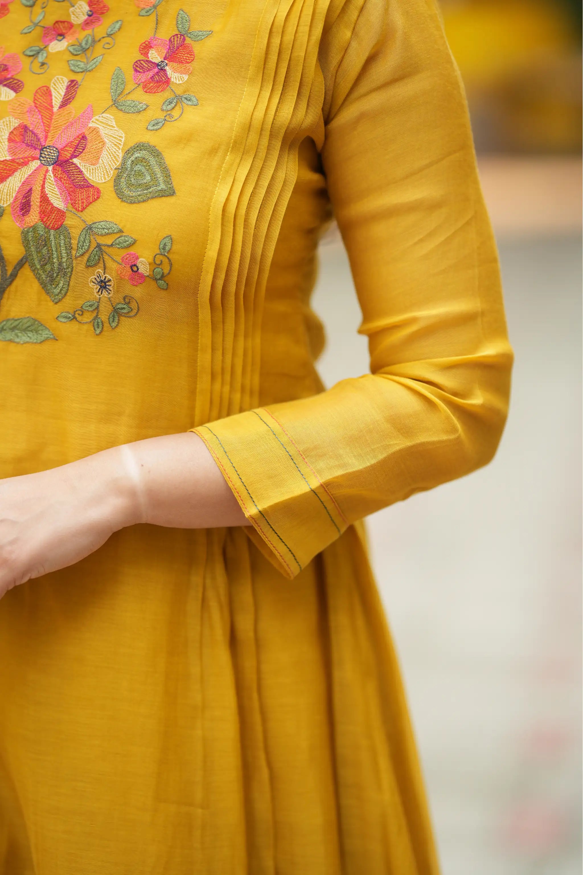 Yellow Floral Embroidered Mul Chanderi Suit Set