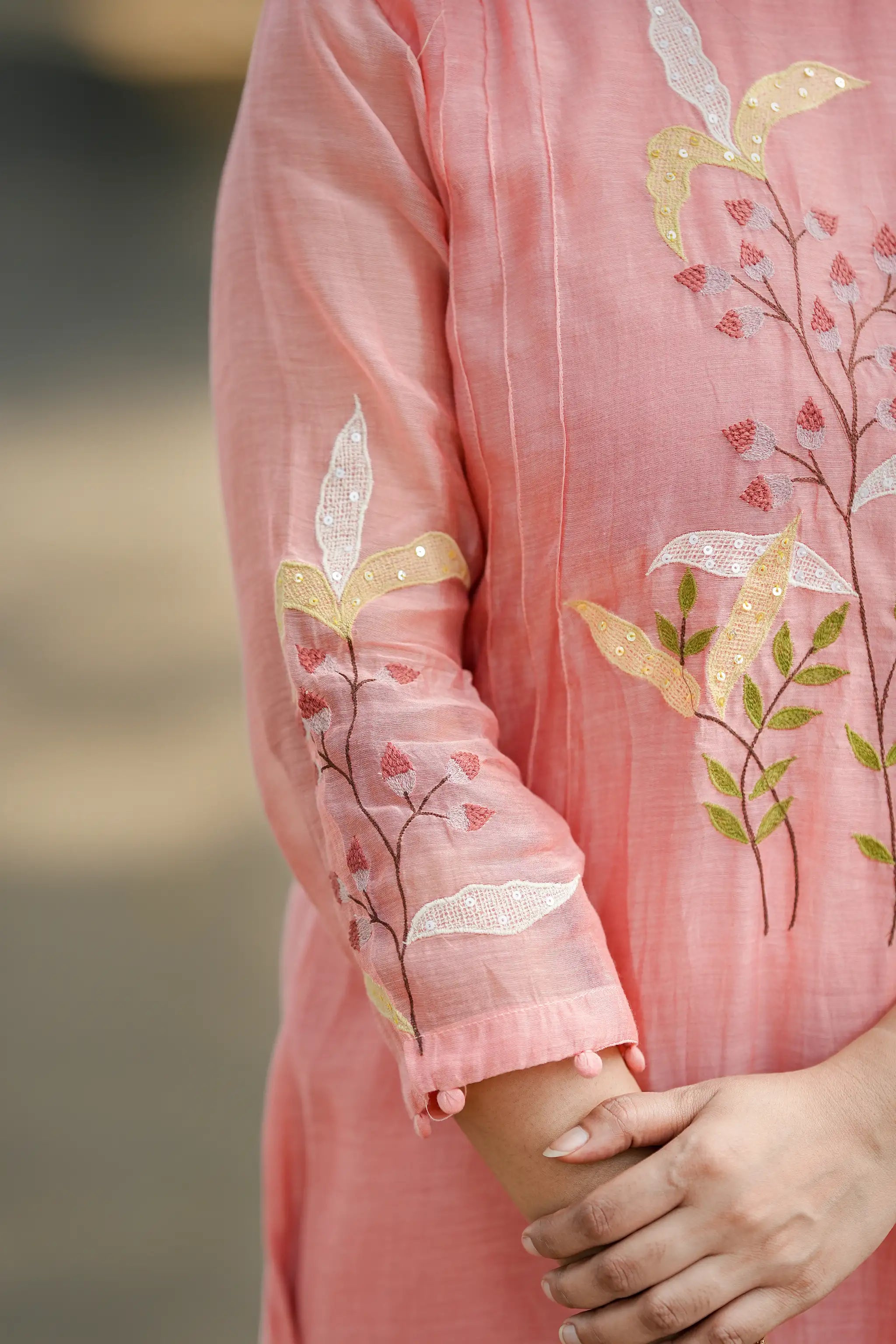 Peach Floral Embroidered Mul Chanderi Suit Set
