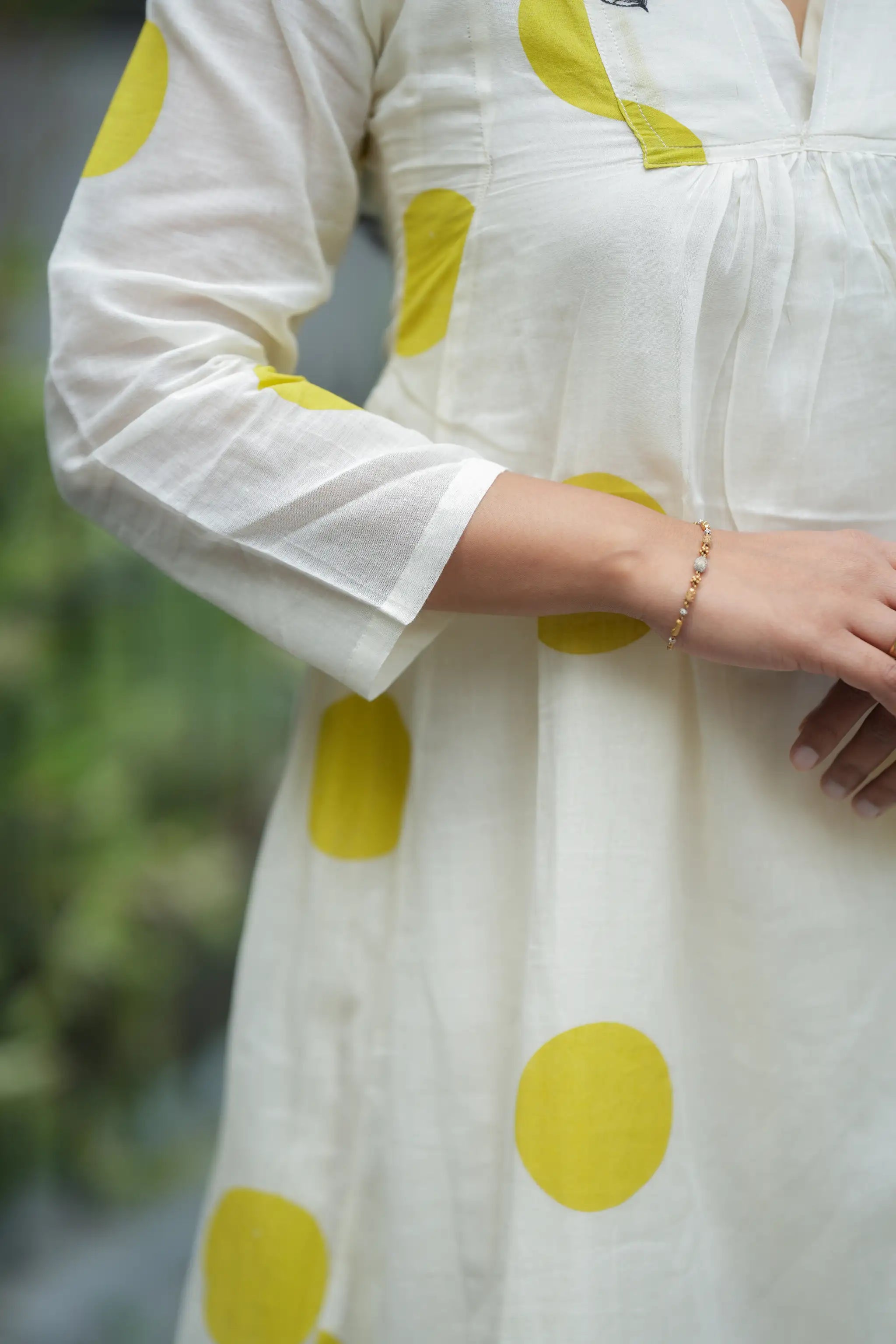 White Polka Hand Block Printed Cotton A-line Kurti Set with Embroidered Yoke & Cotton Pants