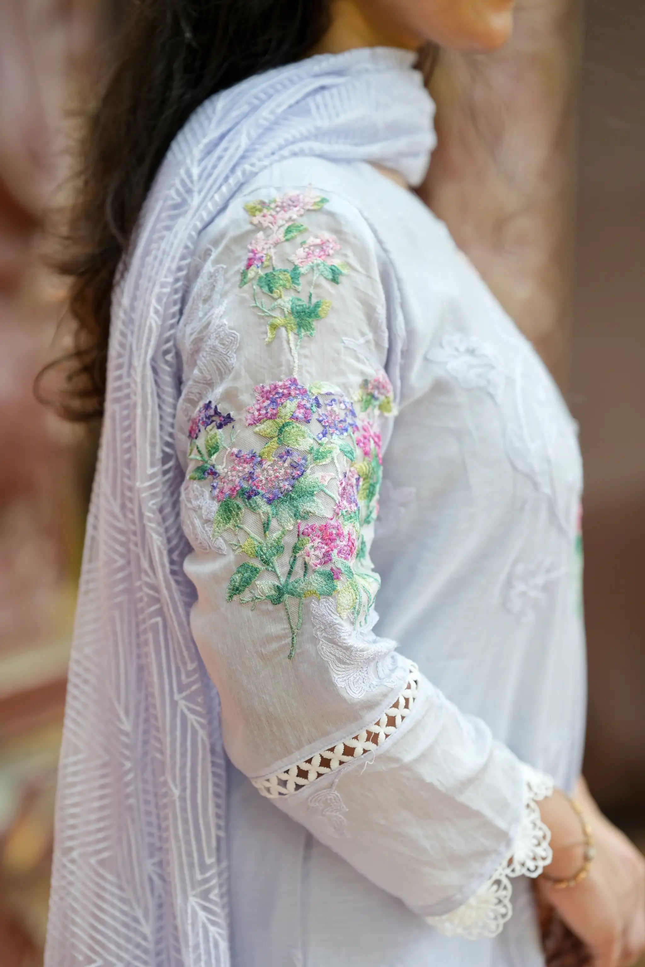 Light Blue Applique Embroidered Cotton Suit Set