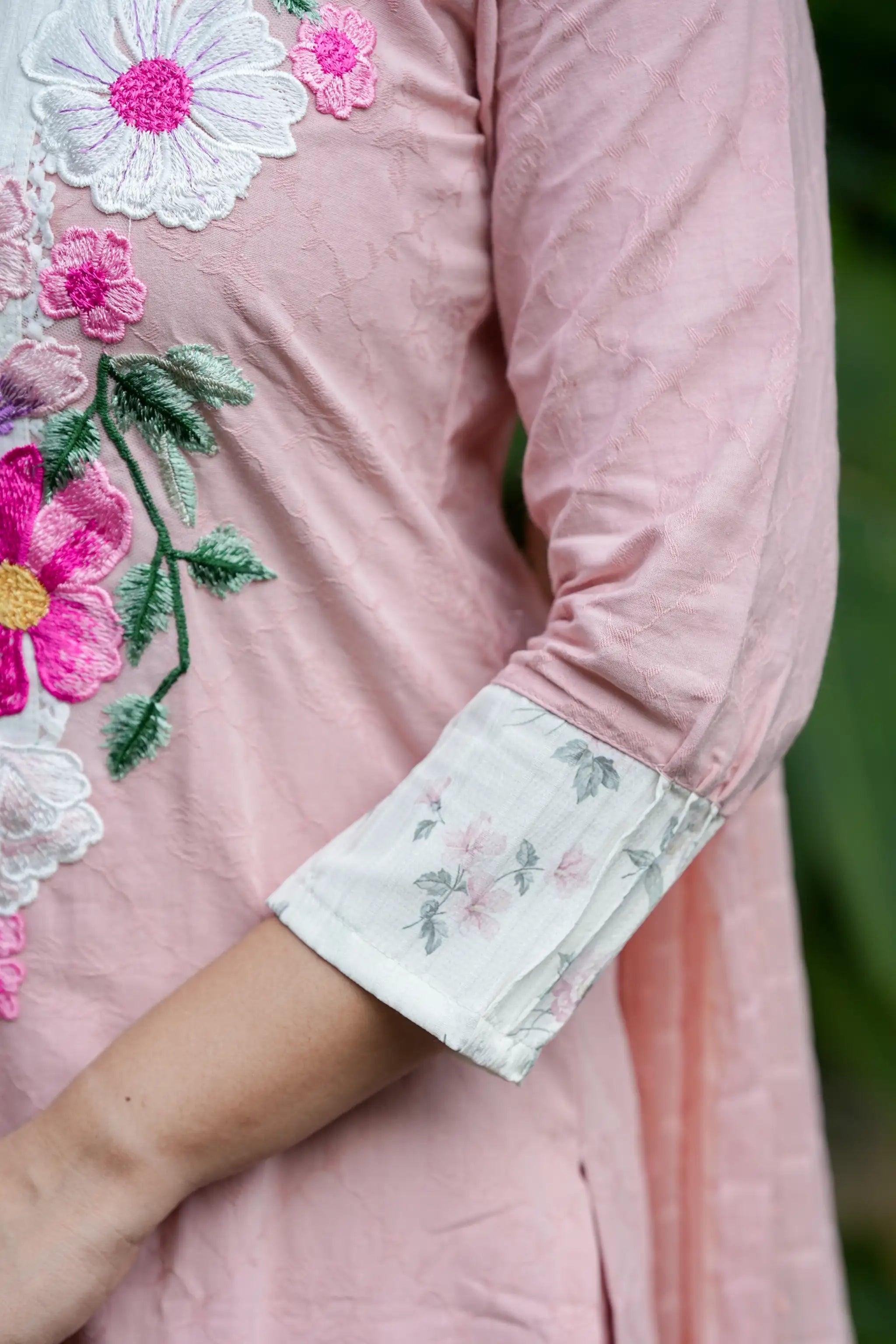 Pink Cotton Applique Embroidered Suit Set