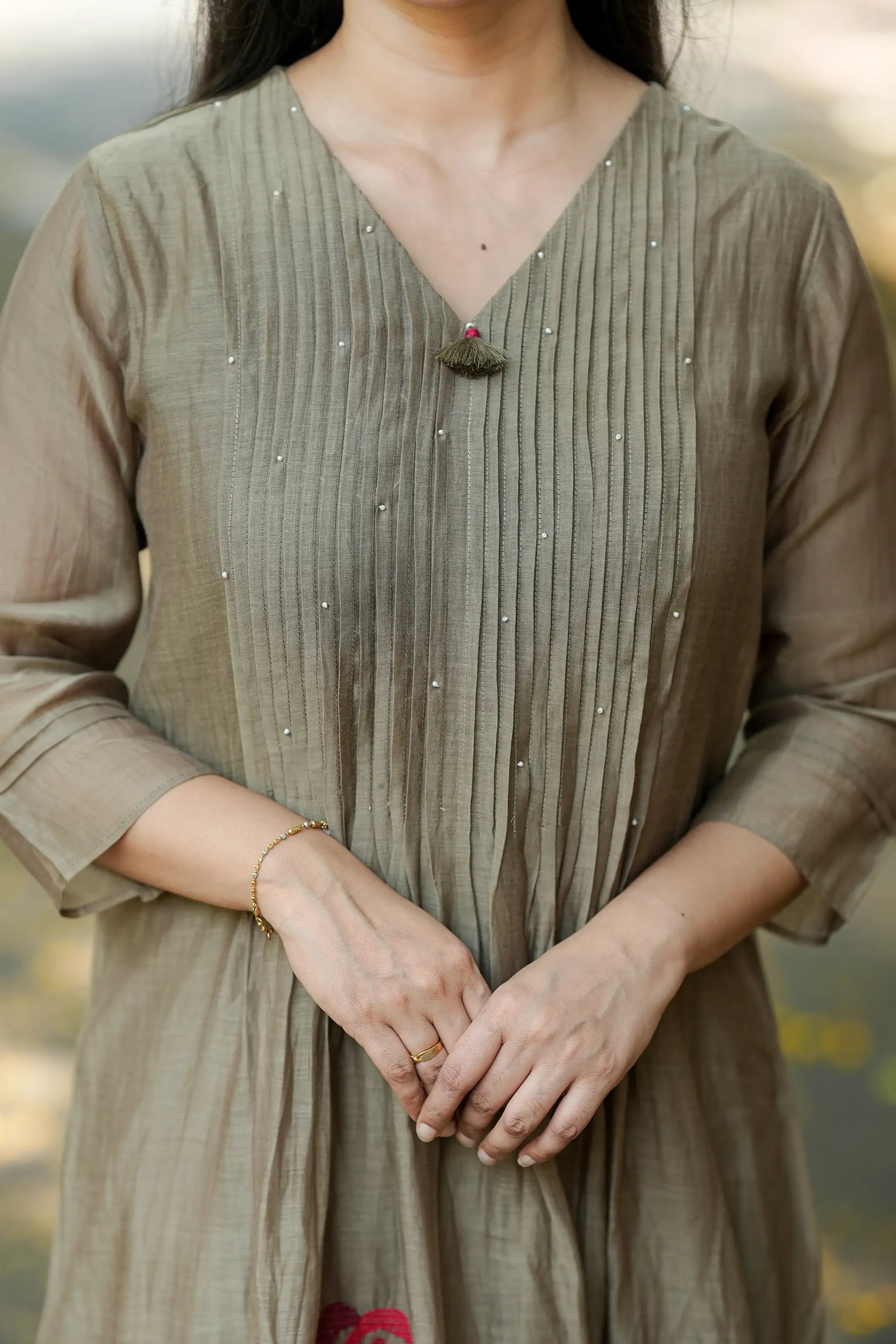 Olive Green Pearl Embroidery Mul Chanderi Suit Set