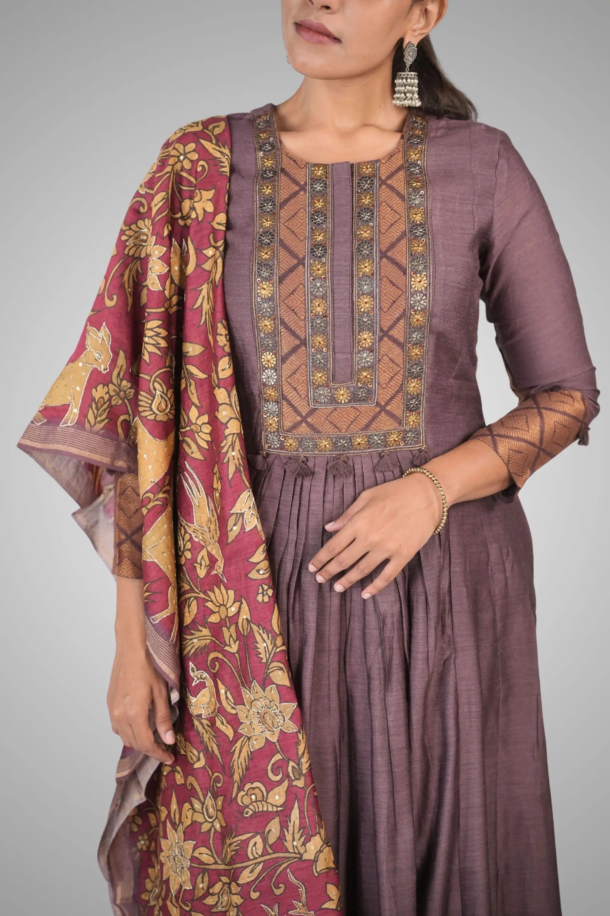 Mauve Munga Tussar Anarkali Suit Set with Banarasi Accents