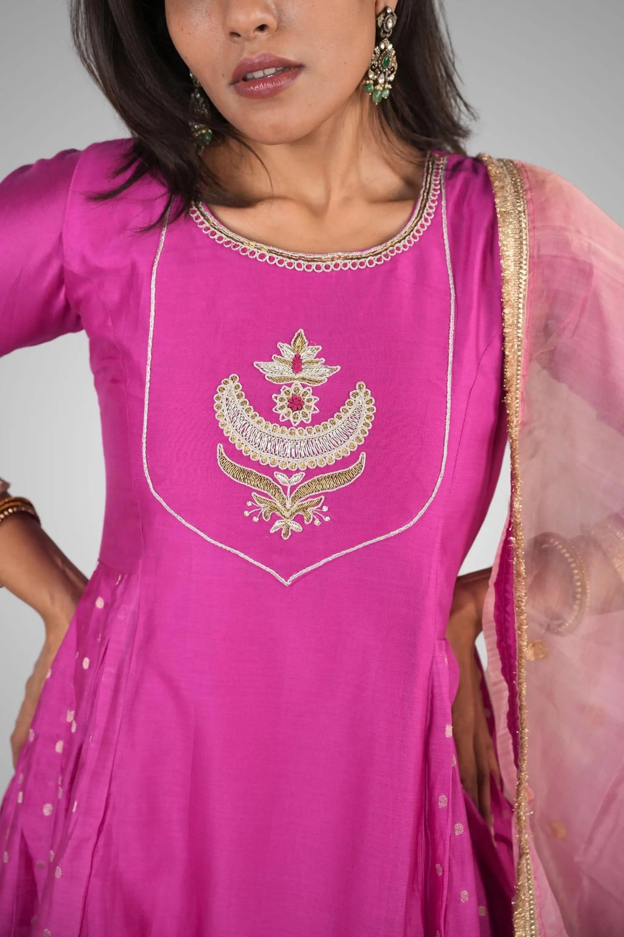 Pink Zari Embroidered Chanderi Silk Anarkali Suit Set