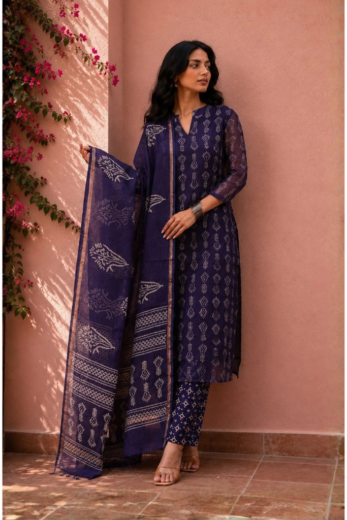 Purple Hand block Printed Kota Suit Set