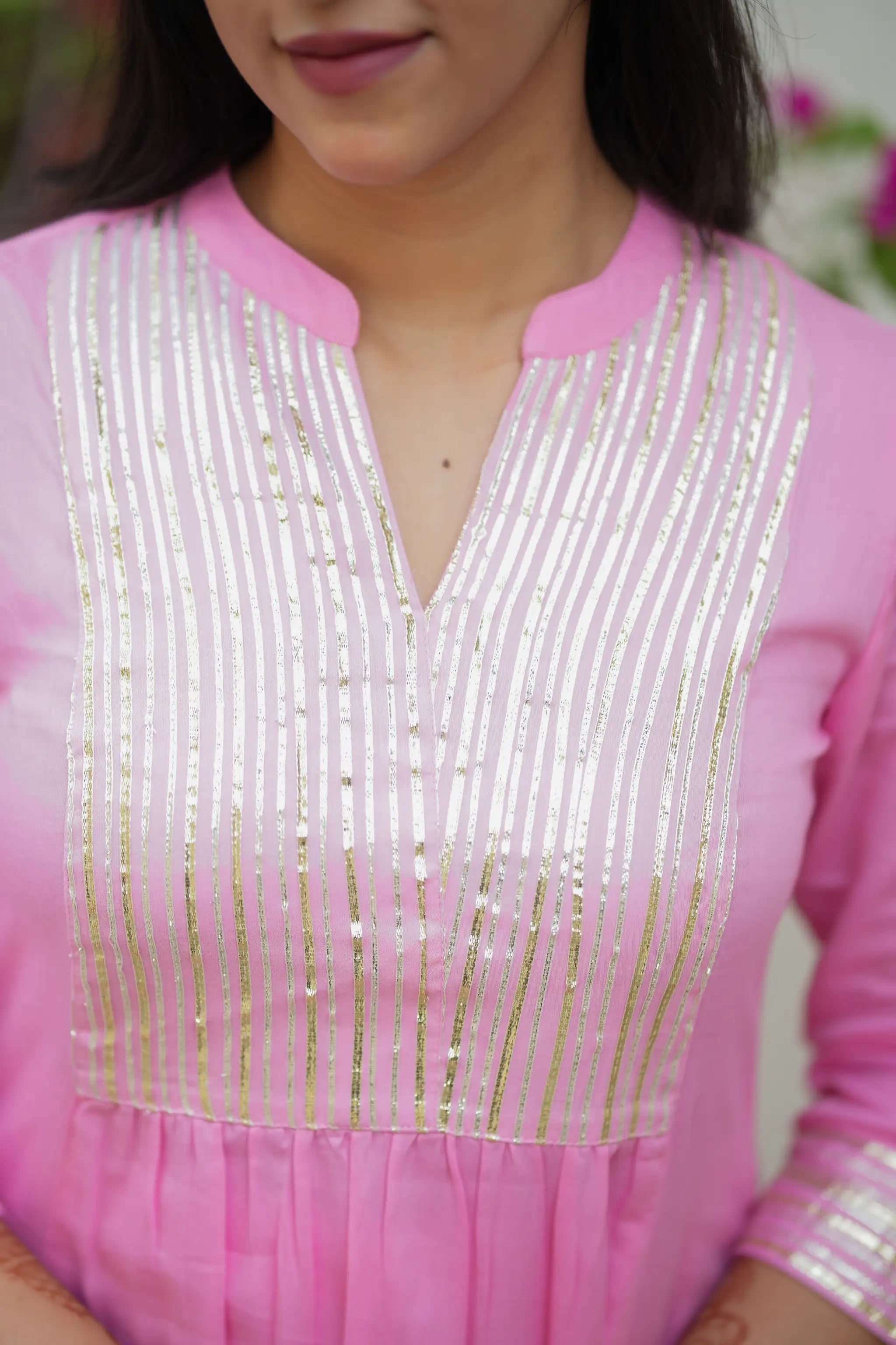 Pink Gota Embroidered Cotton Kurti Set with Matching Pants