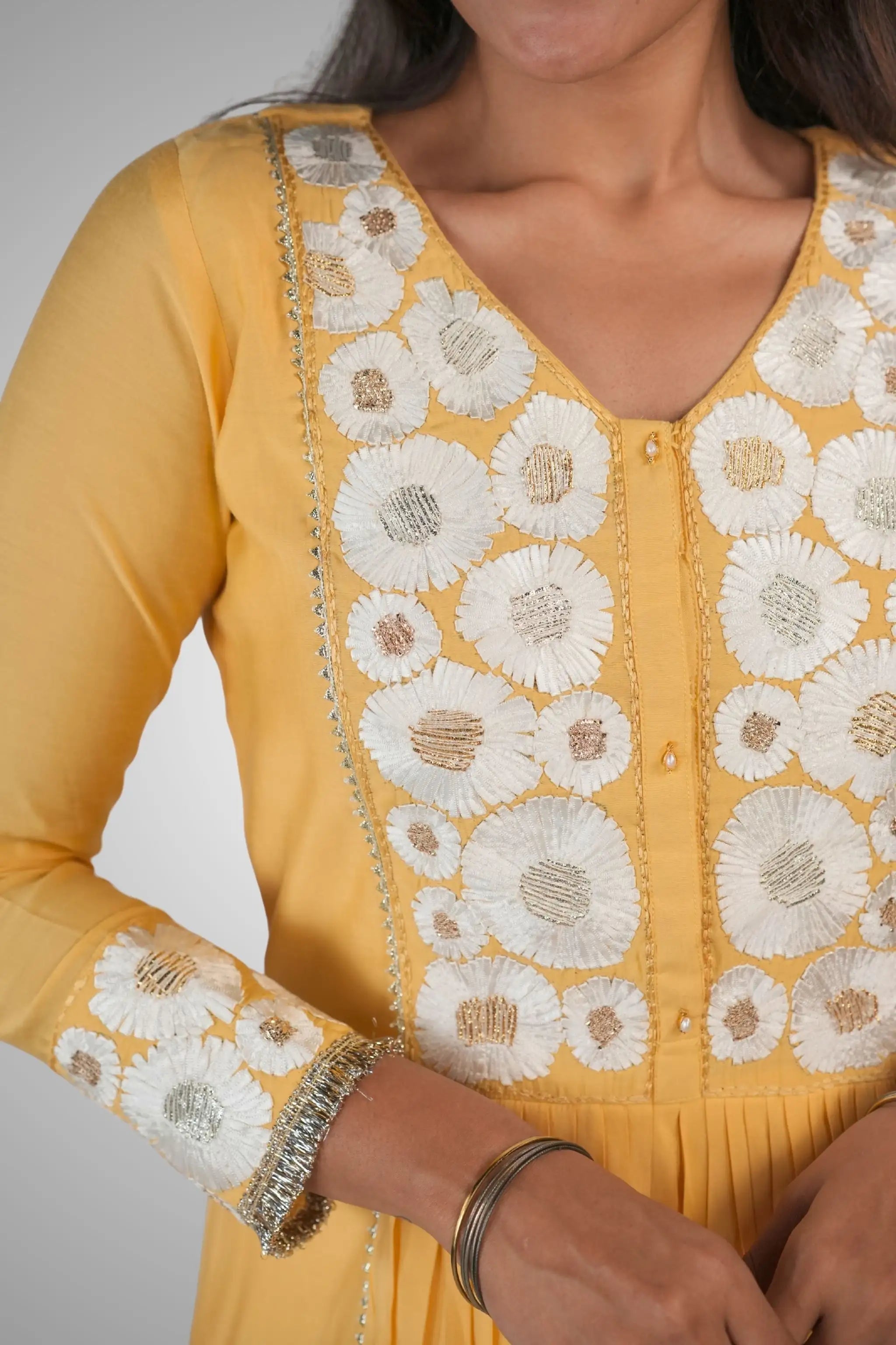 Yellow Floral Embroidered Silk Anarkali Suit Set