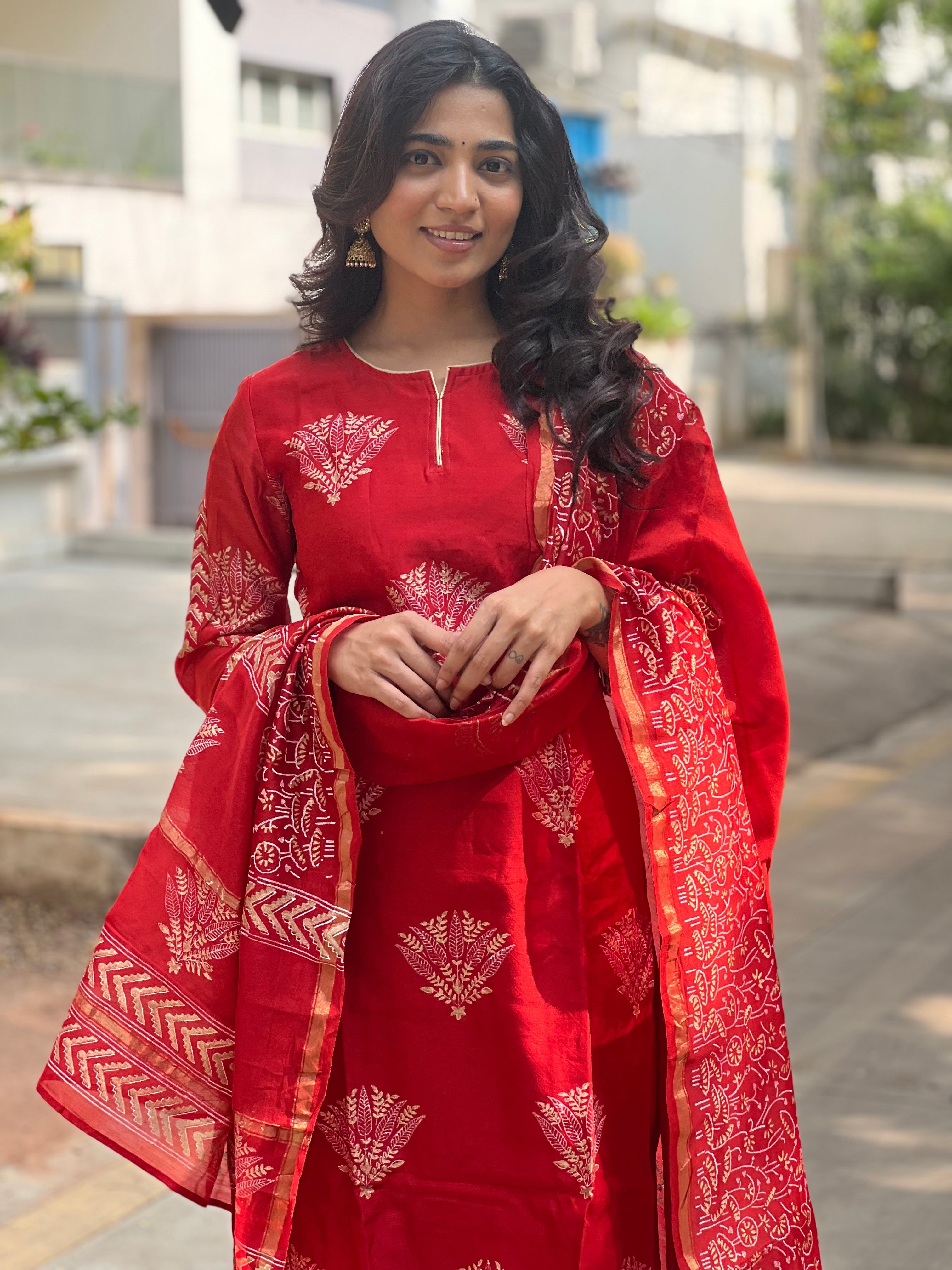 Hand Block Printed Chandheri Silk Suit