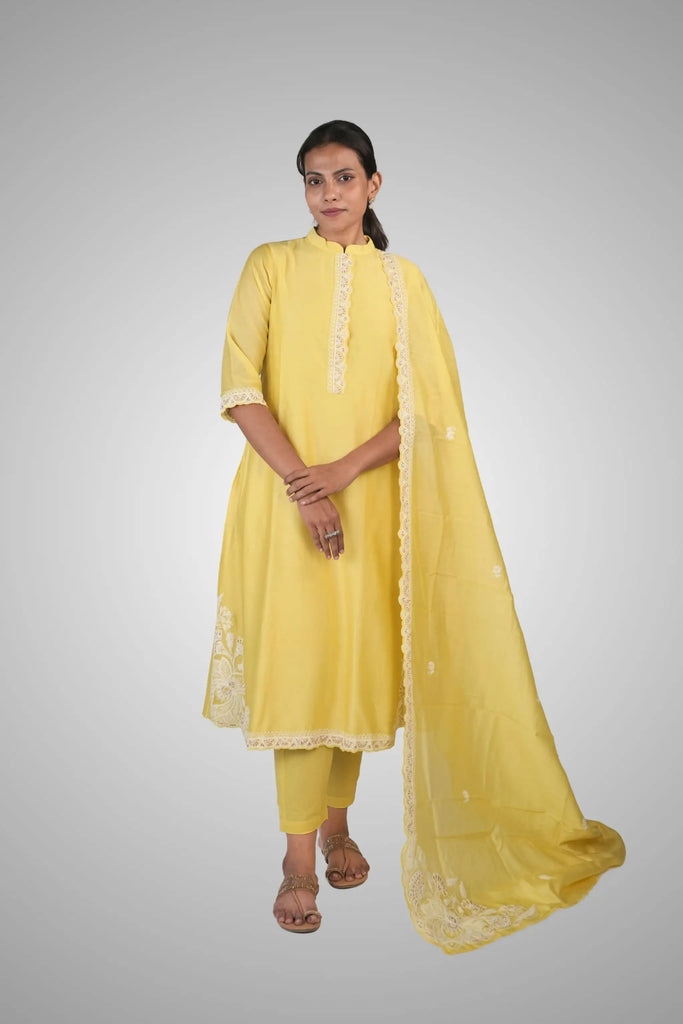 Yellow Floral & Pearl Embroidered Silk Suit Set