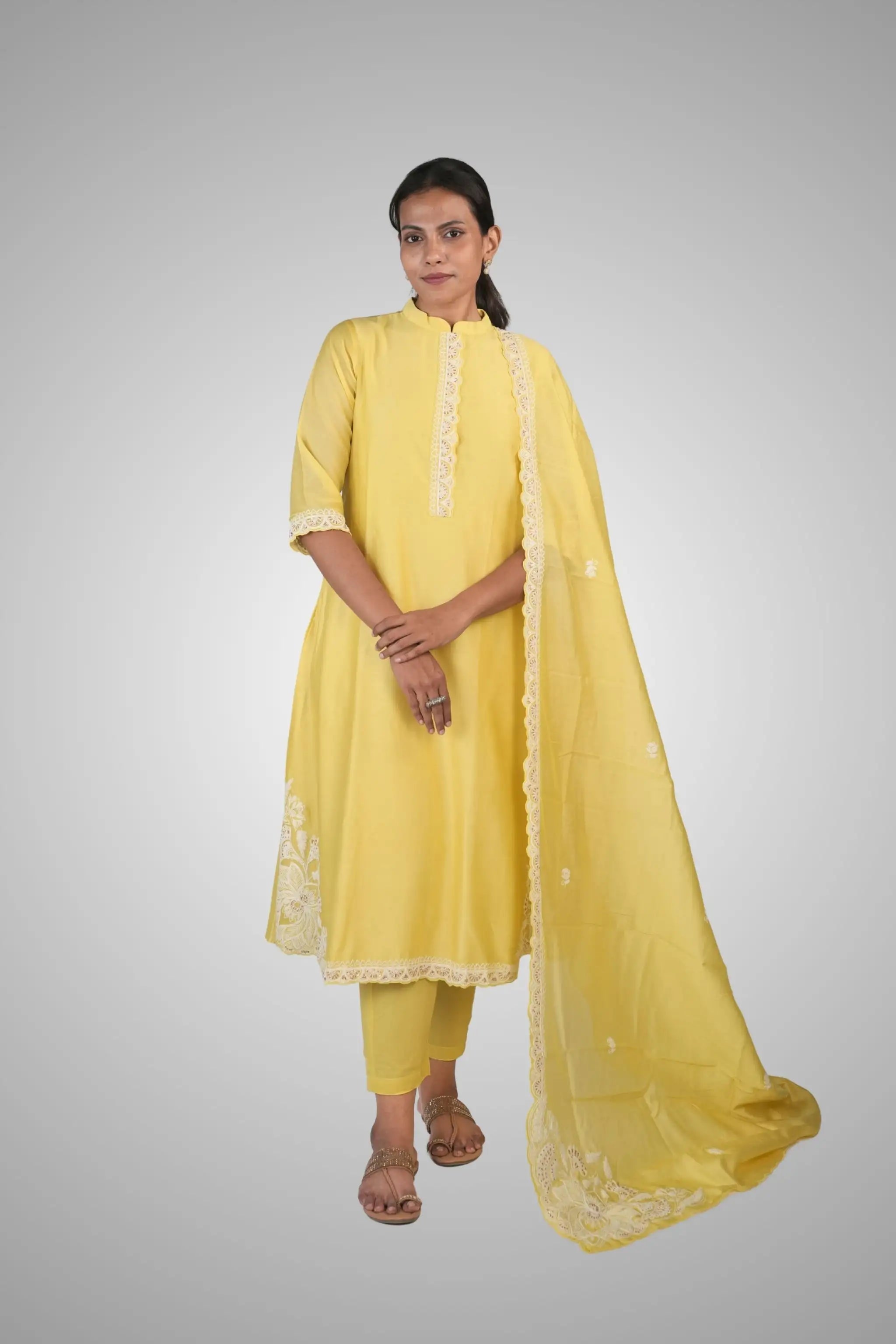 Yellow Floral & Pearl Embroidered Silk Suit Set