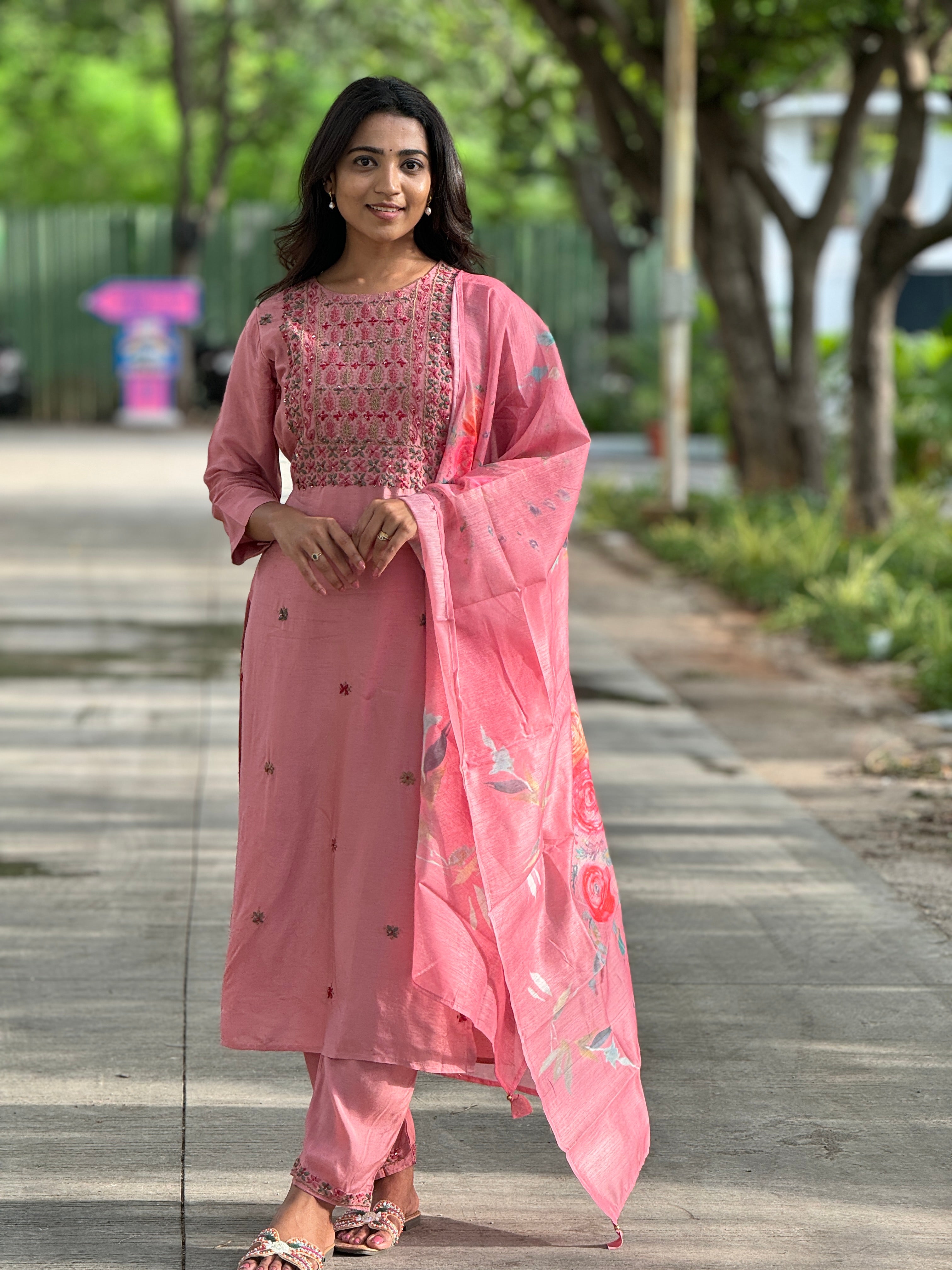 Floral Hand Embroidered Dola Silk Suit