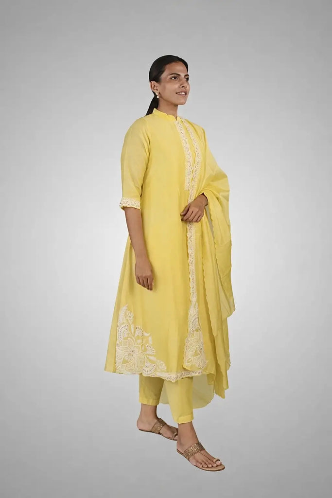 Yellow Floral & Pearl Embroidered Silk Suit Set