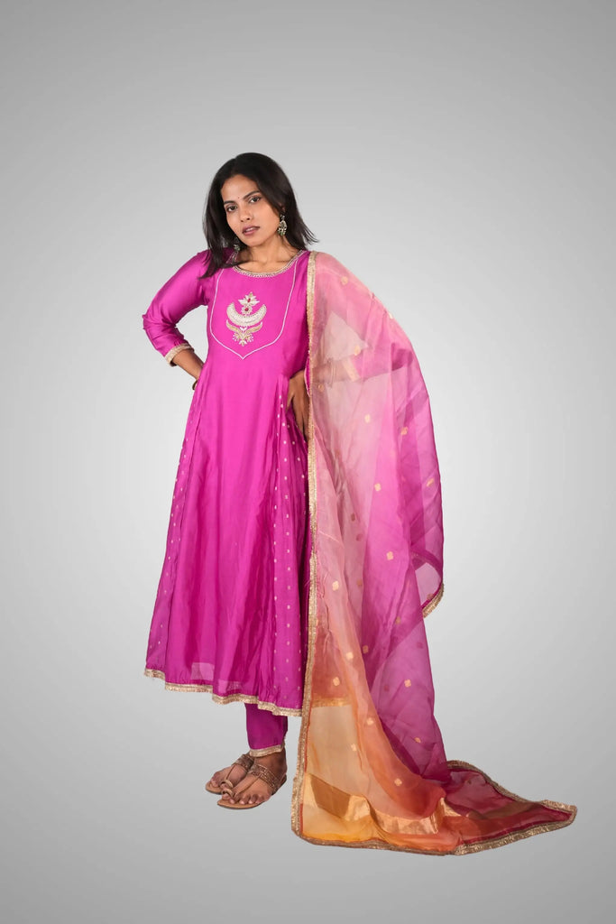 Pink Zari Embroidered Chanderi Silk Anarkali Suit Set