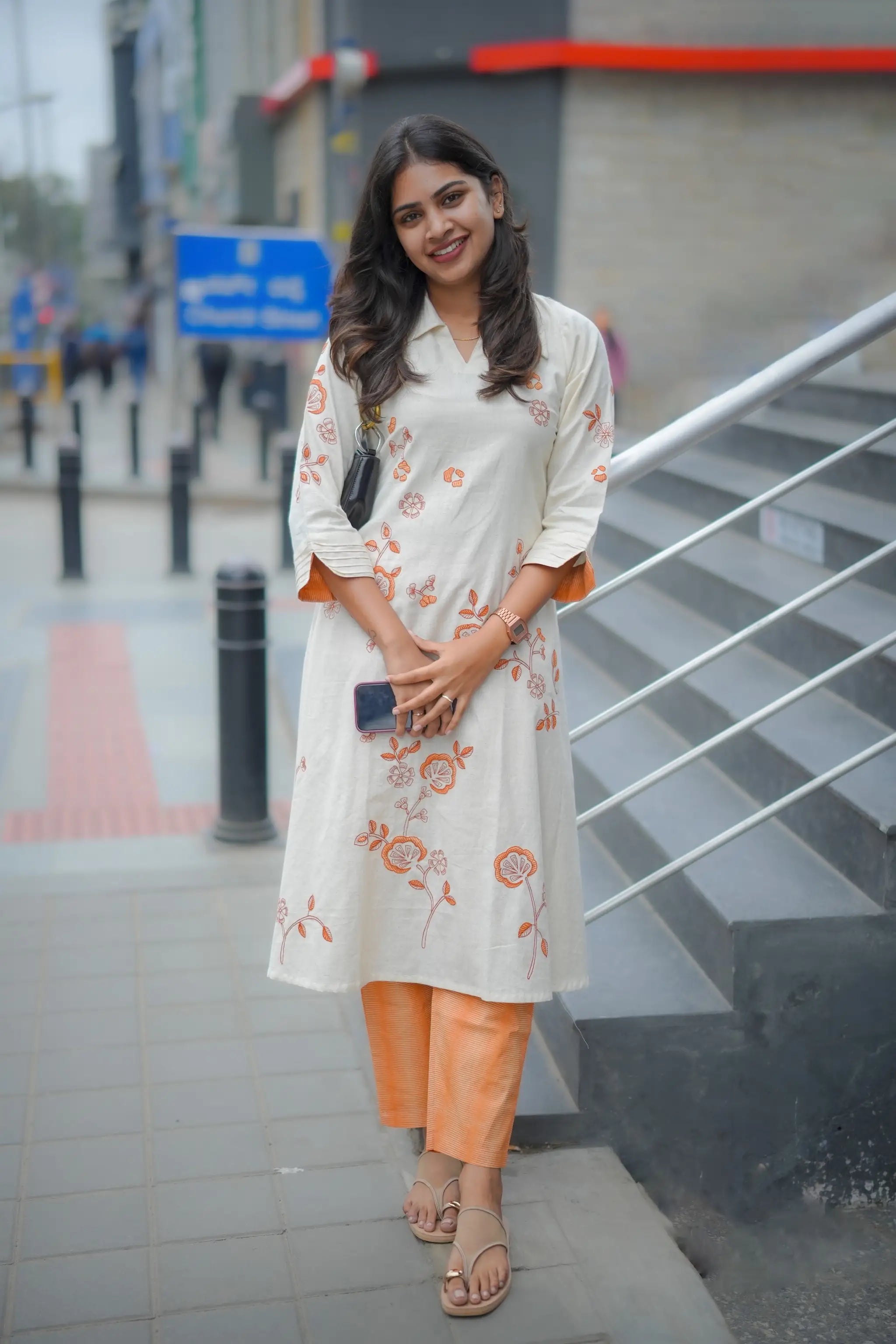 Beige Cotton A-Line Kurti Set with Floral Appliqué Embroidery and Pants