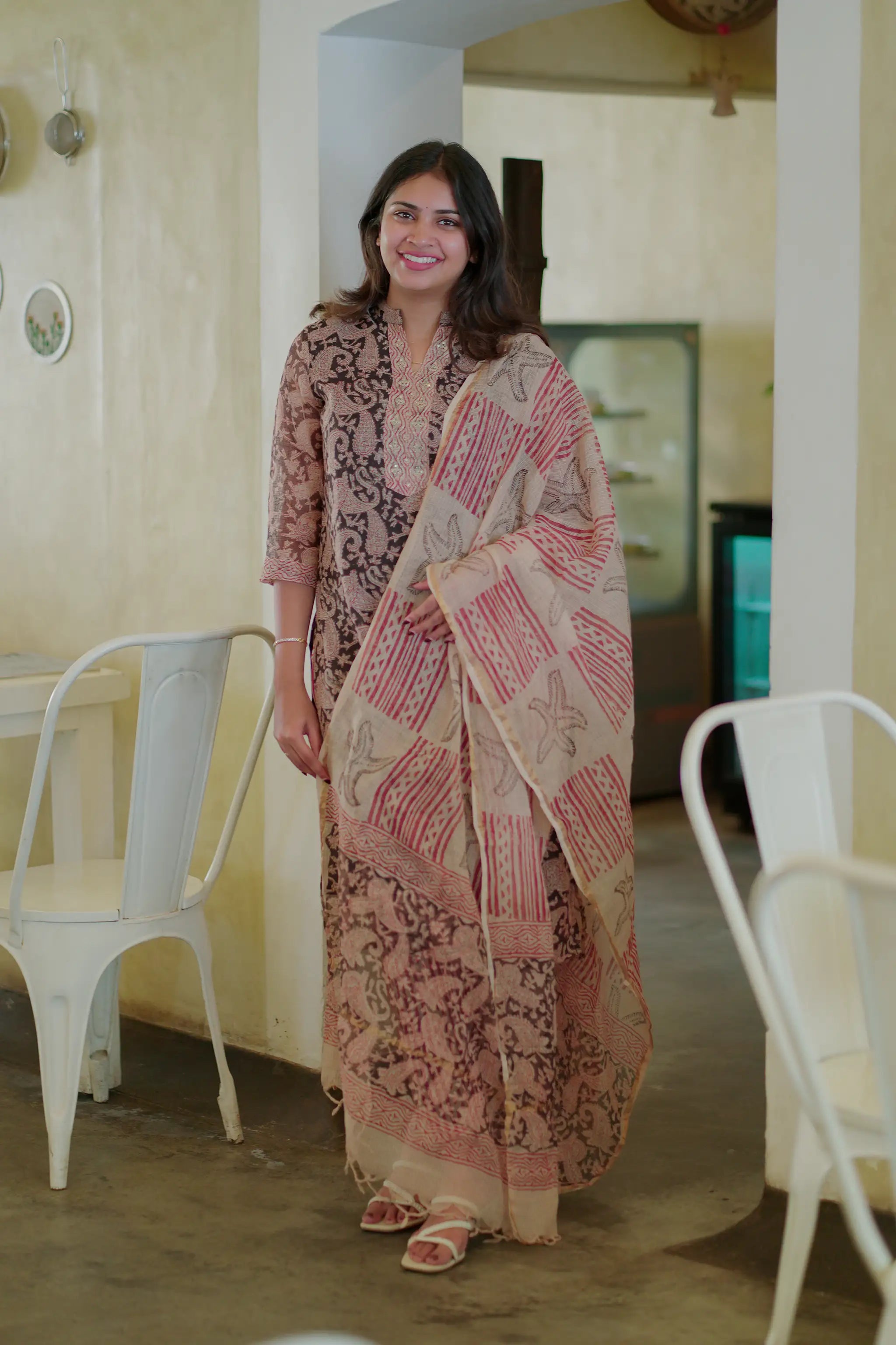 Beige Sequins Embroidered Kota Suit Set