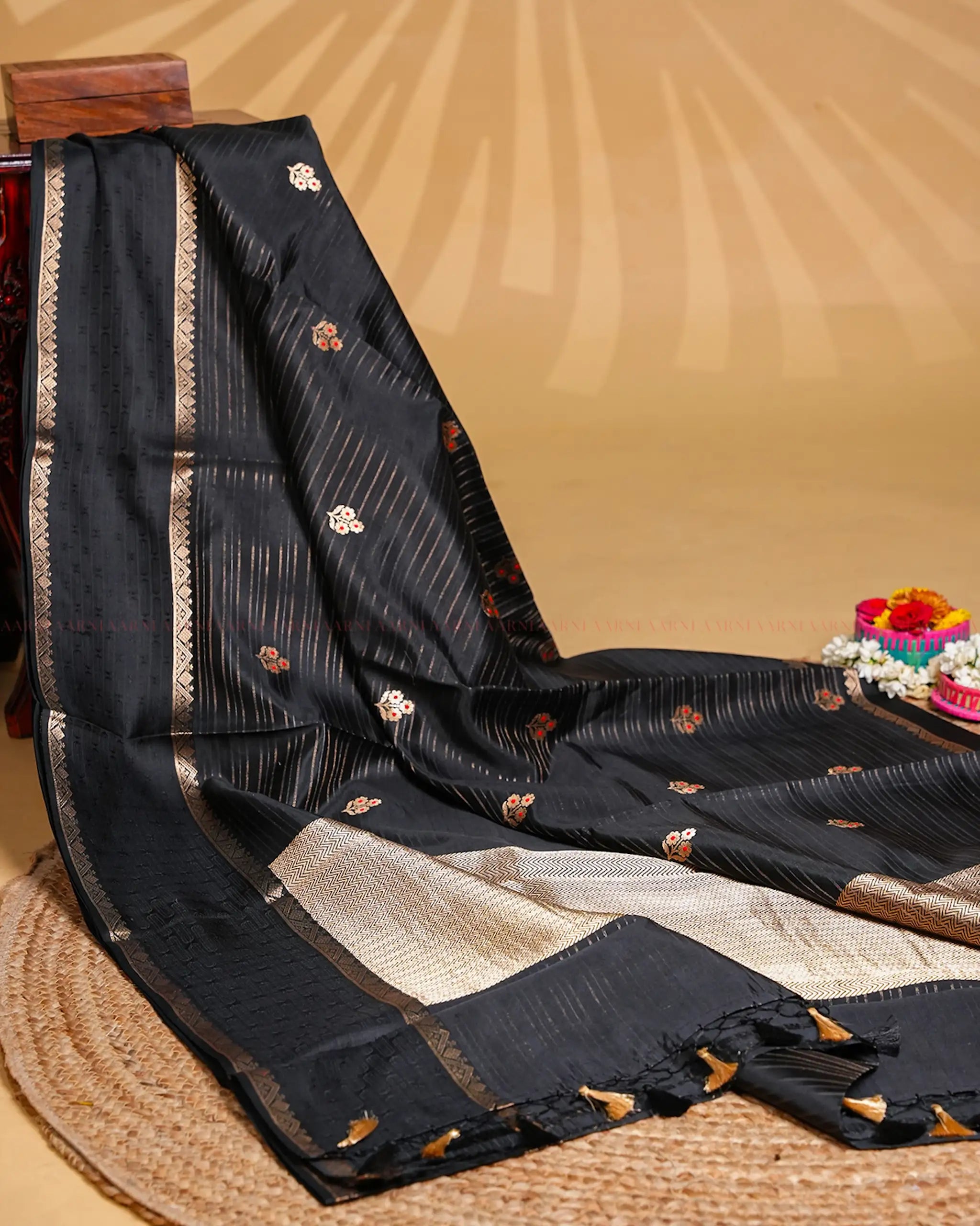 Black Banarasi Silk Saree with Red Meenakari Motifs