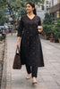Black Cotton Embroidered Kurti Set