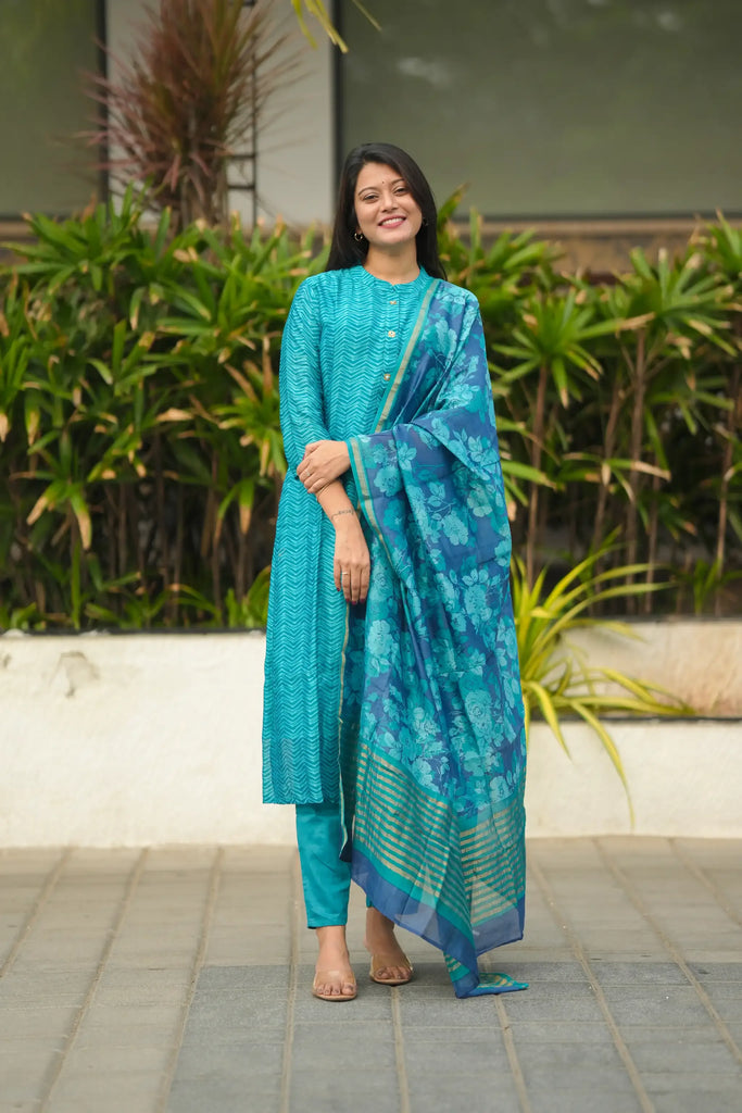 Blue Digital Printed Chanderi Silk Suit Set - Aarni Clothing - A Destination for Handpicked Ethnic Wear