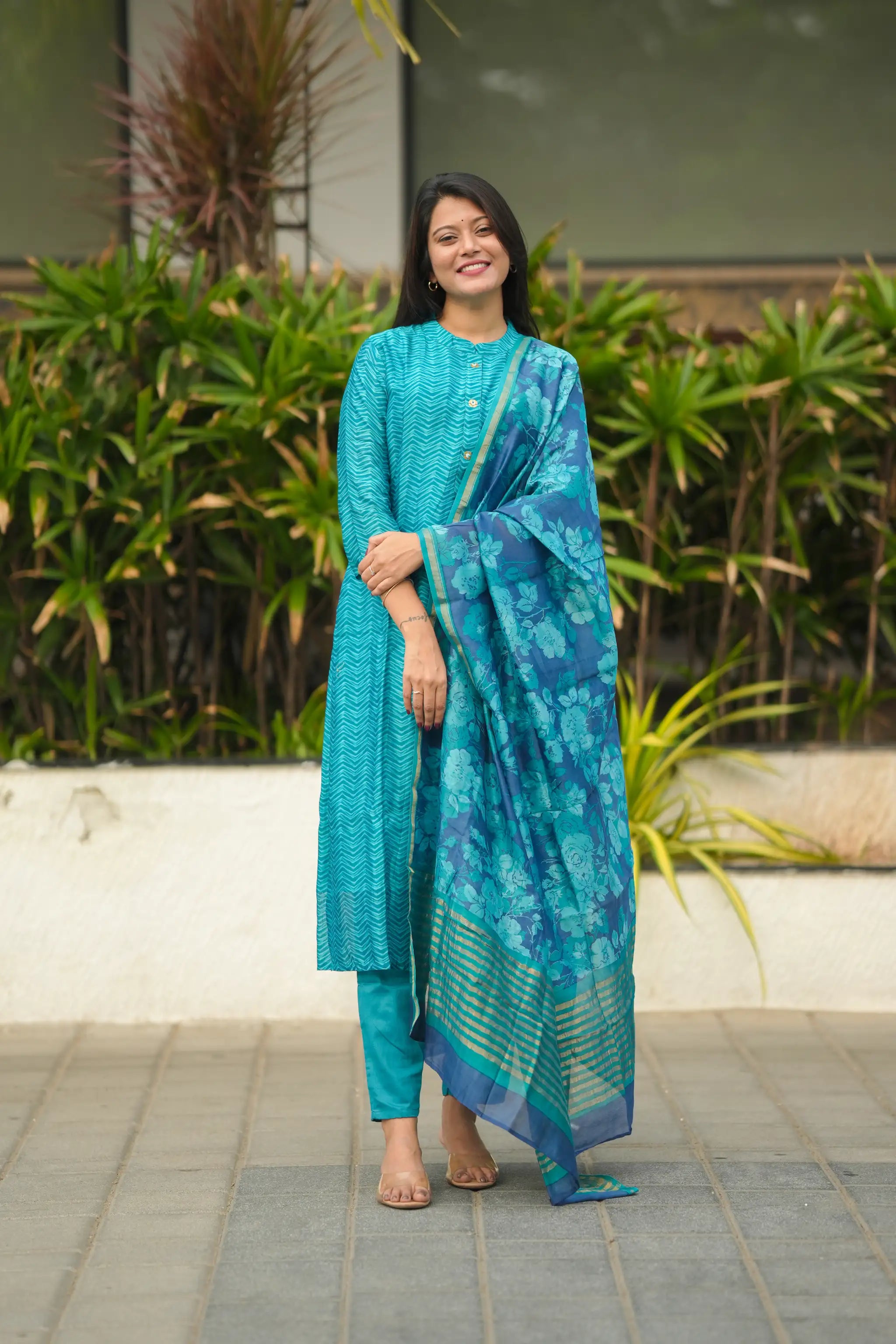 Blue Digital Printed Chanderi Silk Suit Set
