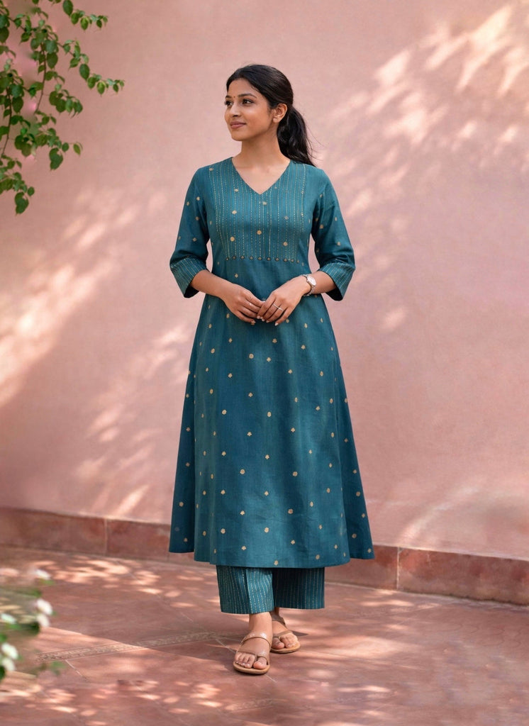Blue Embroidered Handloom Cotton Kurti Set