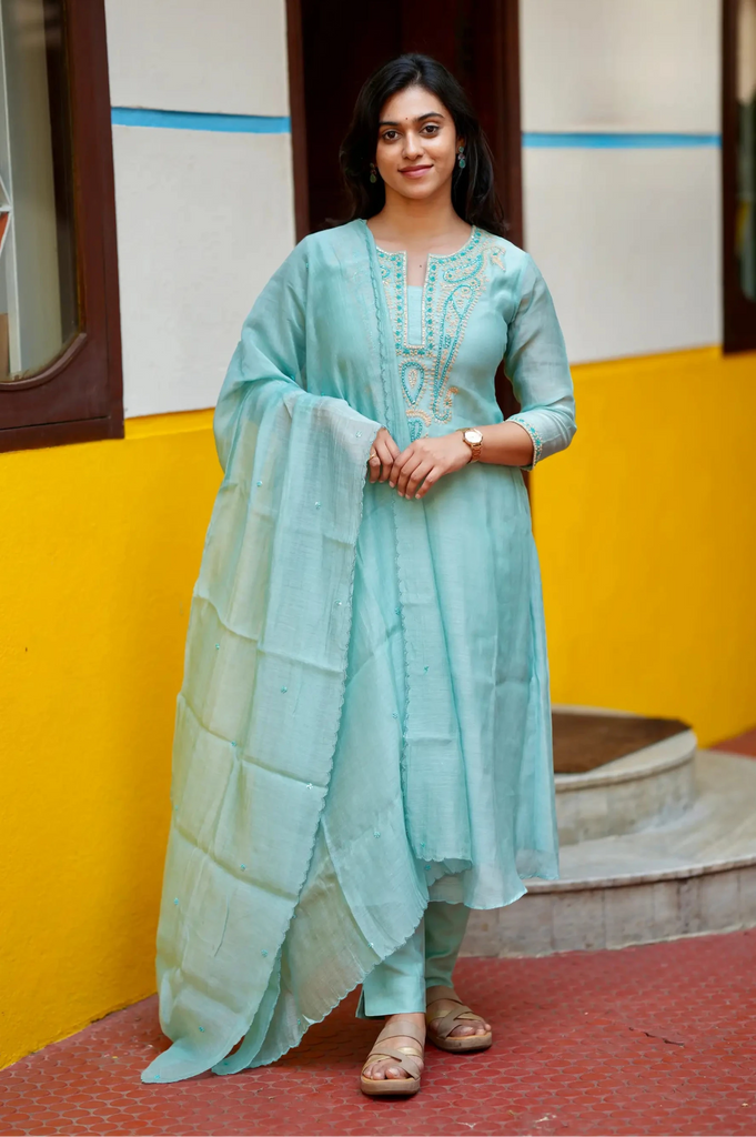 Blue Embroidered Mul Chanderi Suit Set