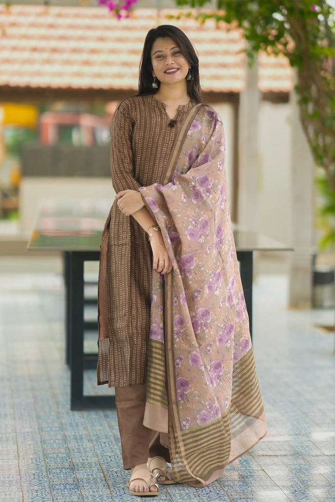 Brown Digital Printed Chanderi Silk Suit Set - Aarni Clothing - A Destination for Handpicked Ethnic Wear