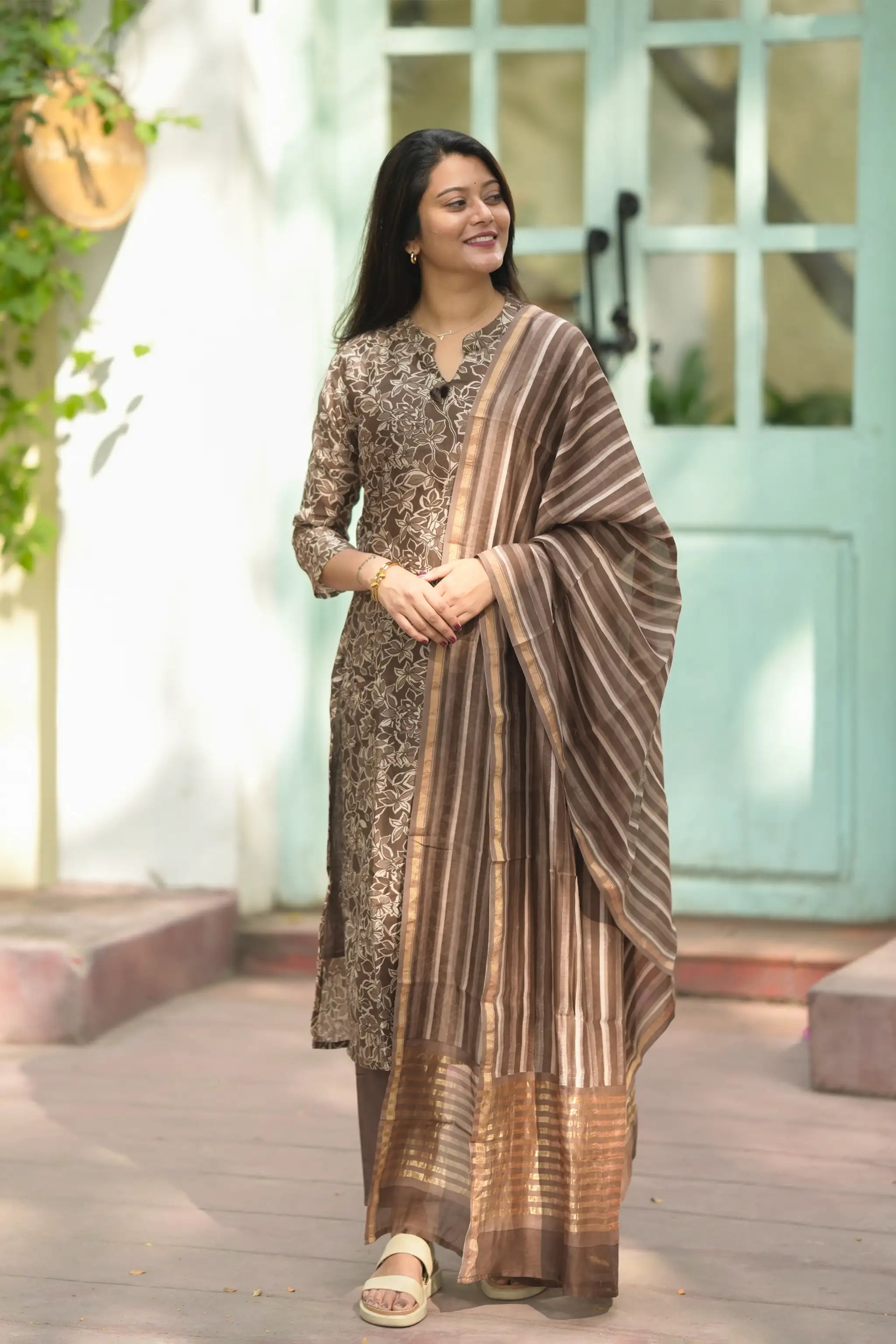 Brown Digital Printed Chanderi Silk Suit Set