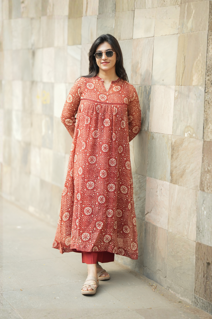 Brown Hand Block Printed Kota Kurti Set with Lace Detailing & Cotton Pants