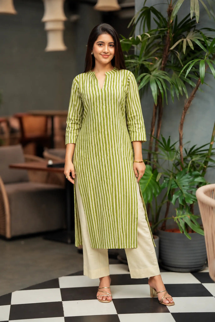 Green and Beige Striped Cotton Kurti Set