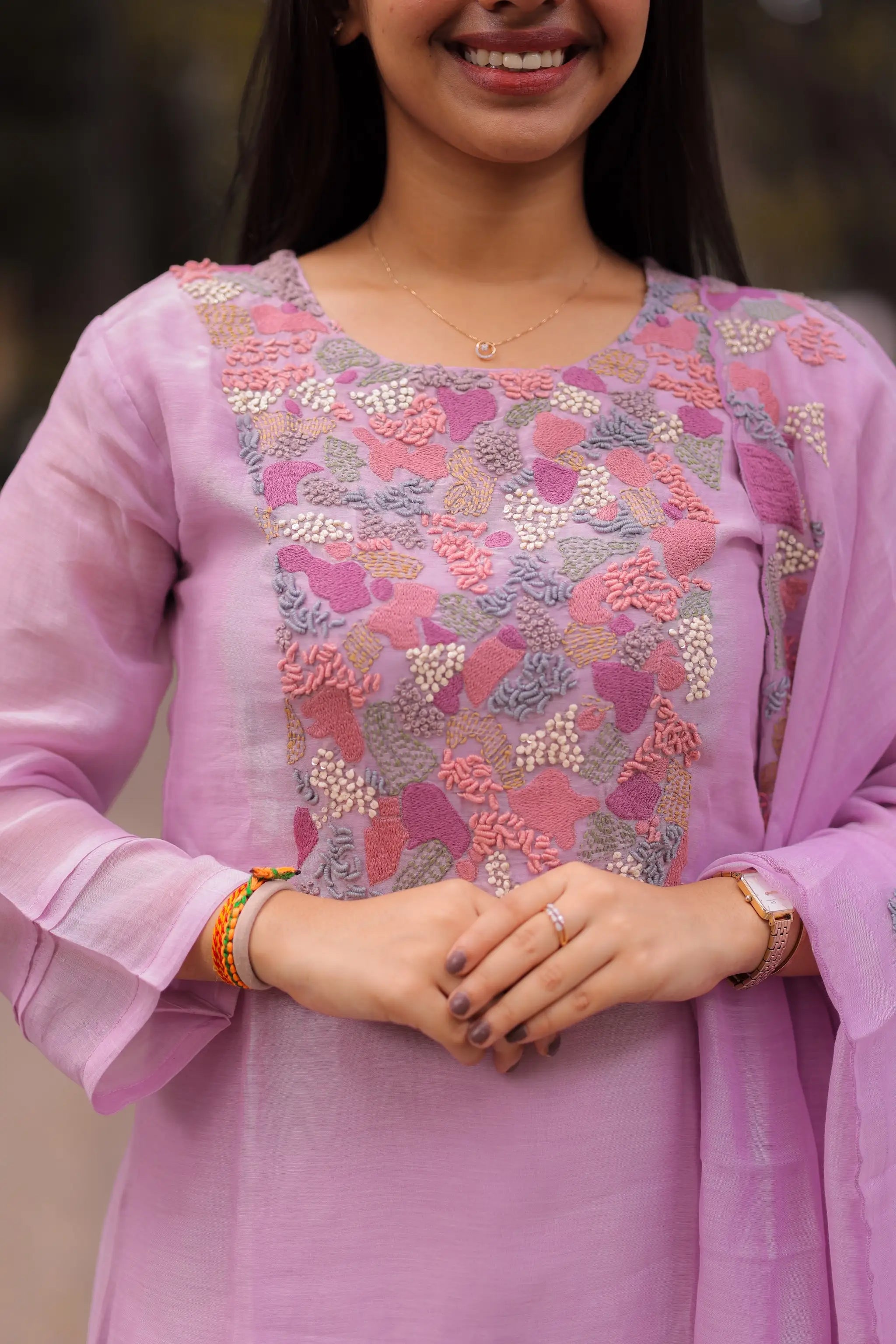 Lavender Mul Chanderi Embroidered Suit Set with Dupatta