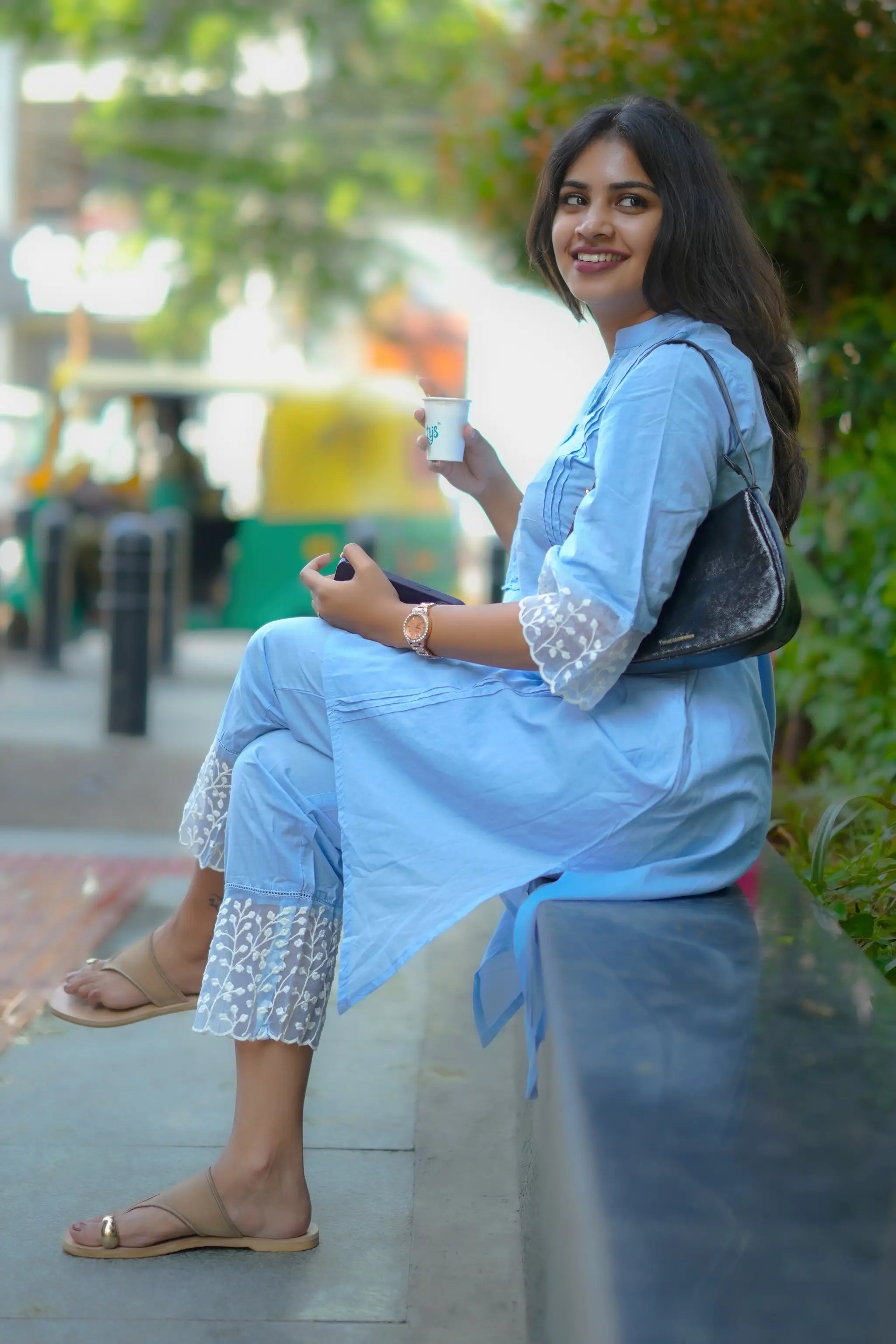 Sky Blue Straight Cut Kurti Set with Pearl & Lace Details