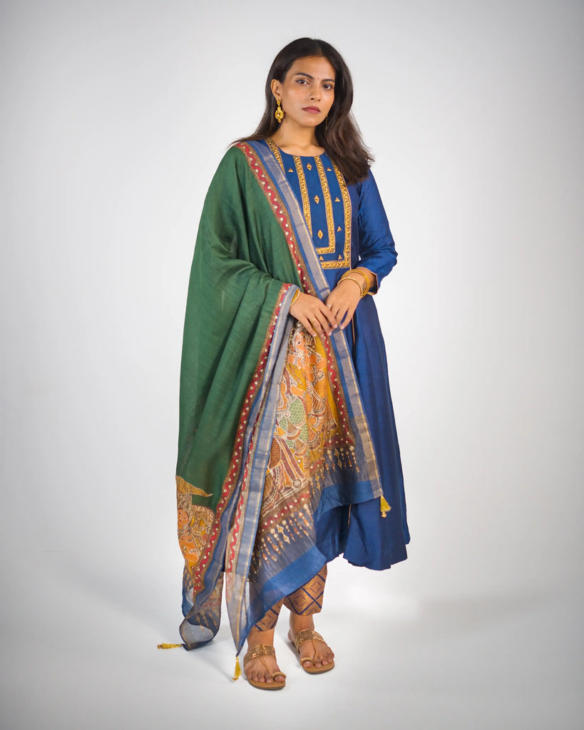 Blue Geometric Beads Embroidered Munga Tussar Anarkali Suit Set