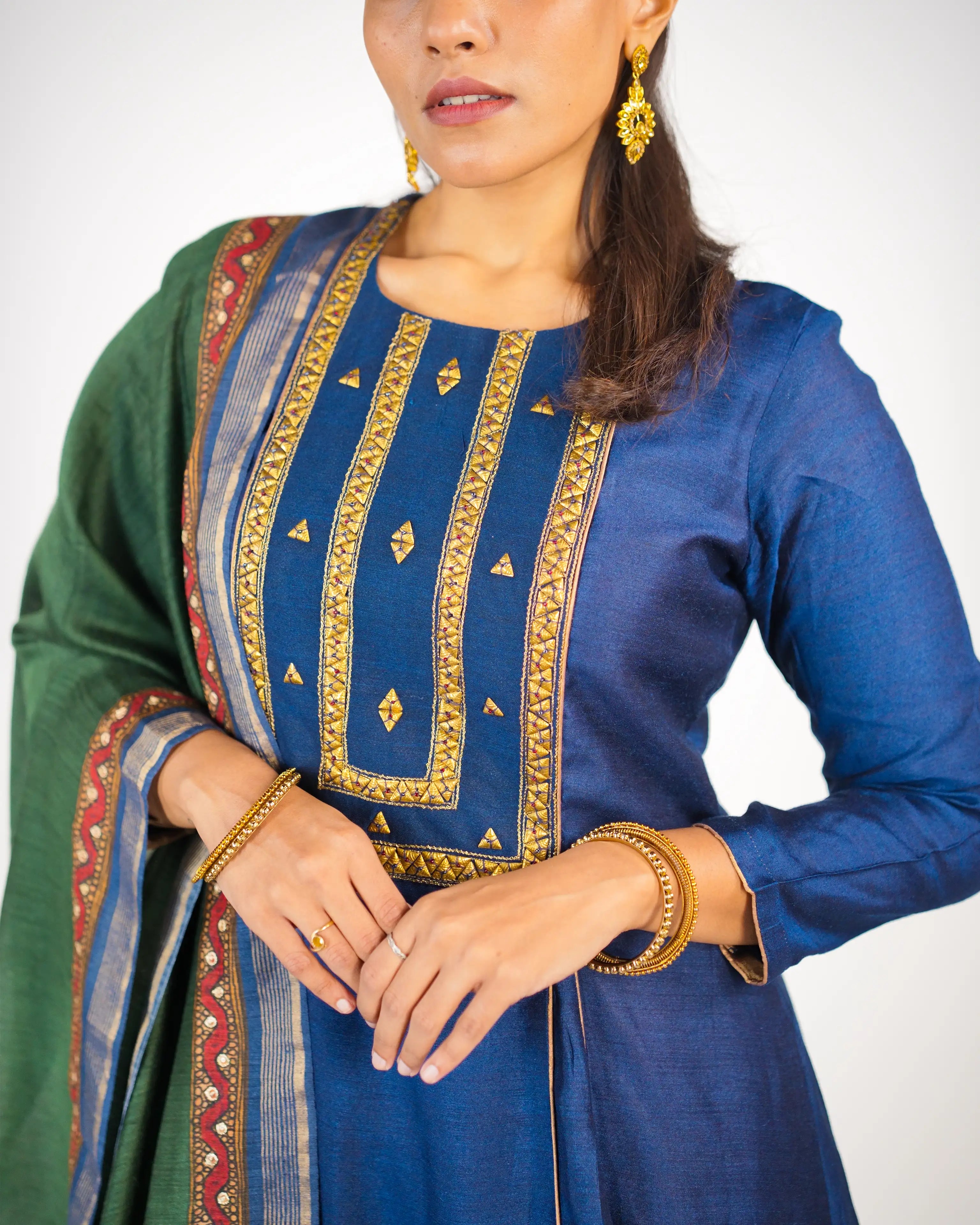 Blue Geometric Beads Embroidered Munga Tussar Anarkali Suit Set