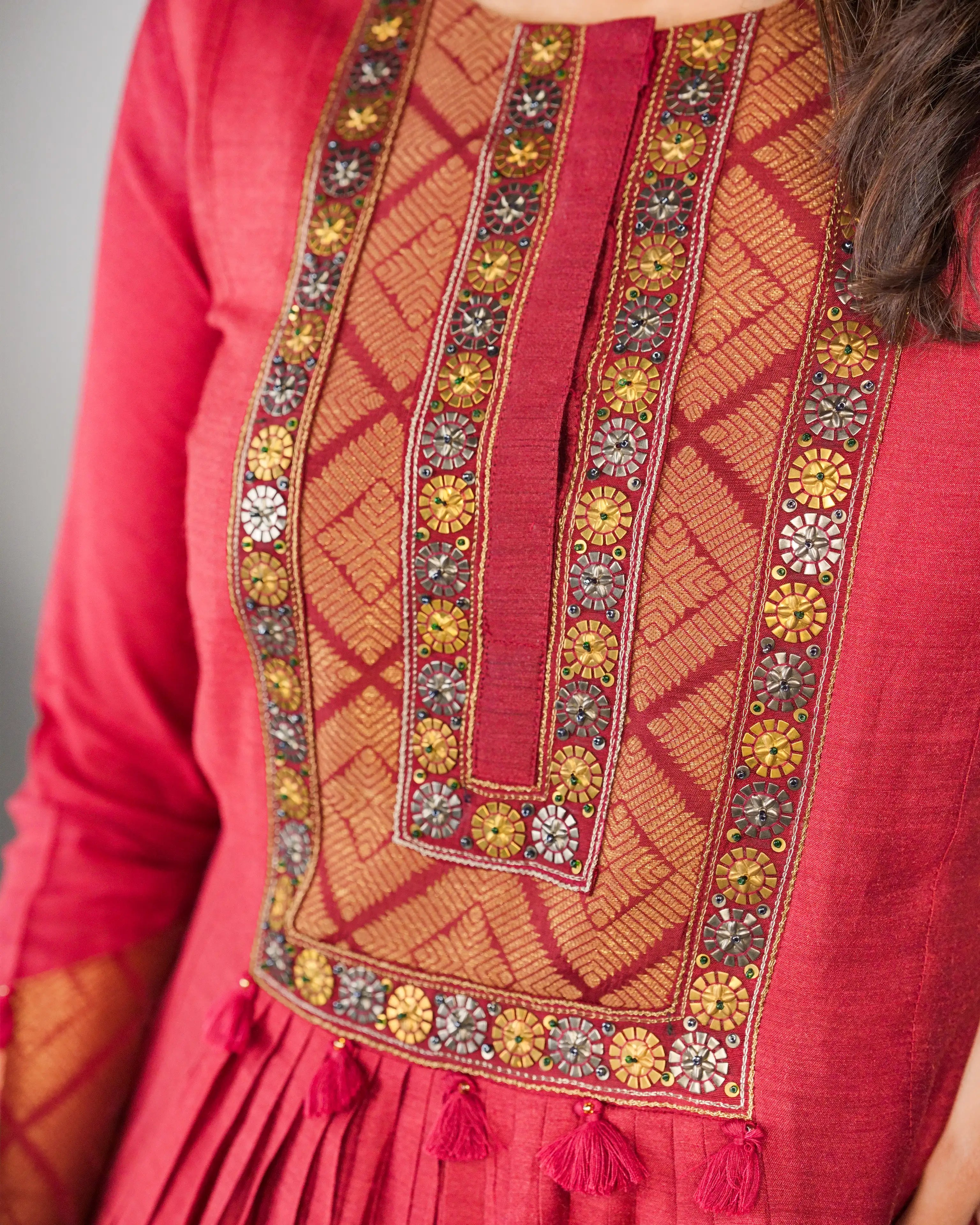 Red Munga Tussar Anarkali Suit Set with Banarasi Accents