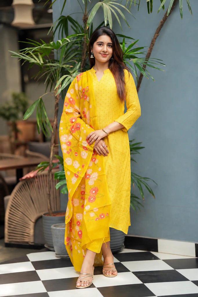 Yellow Printed Mul Chanderi Suit Set