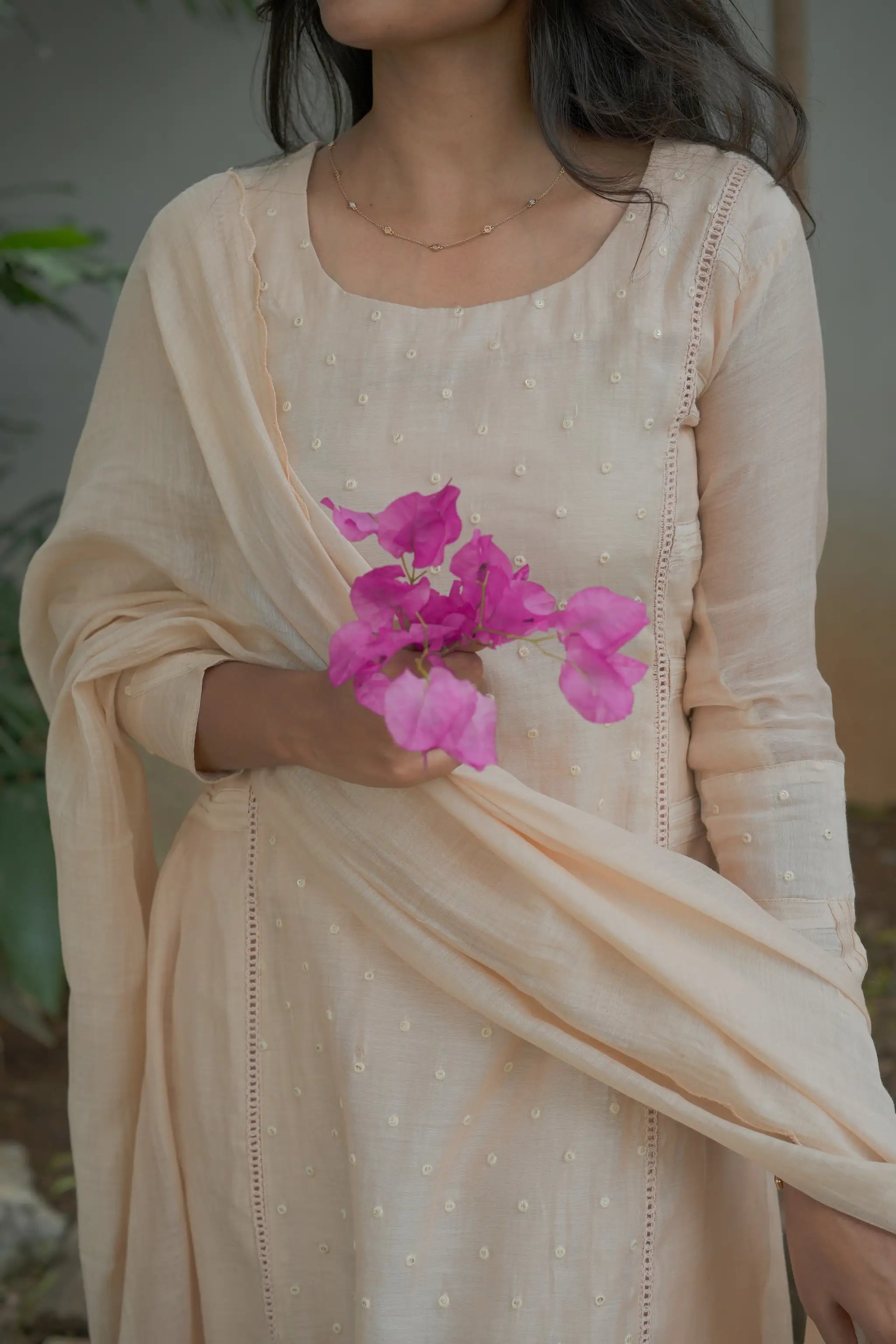 Beige Mul Chanderi Sequins Embroidered Suit Set with Dupatta