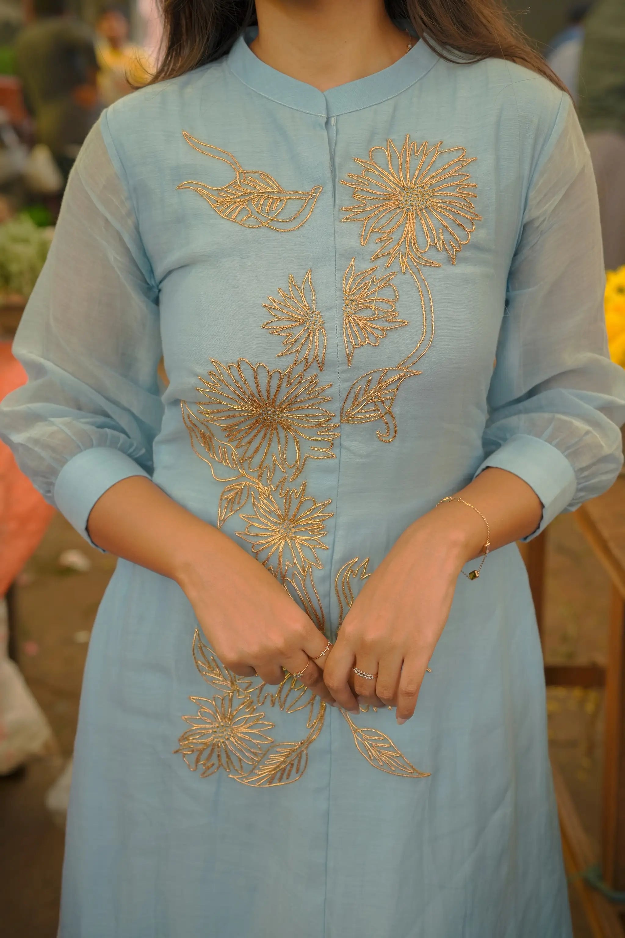 Light Blue Mul Chanderi Silk Floral Embroidery Suit Set with Dupatta