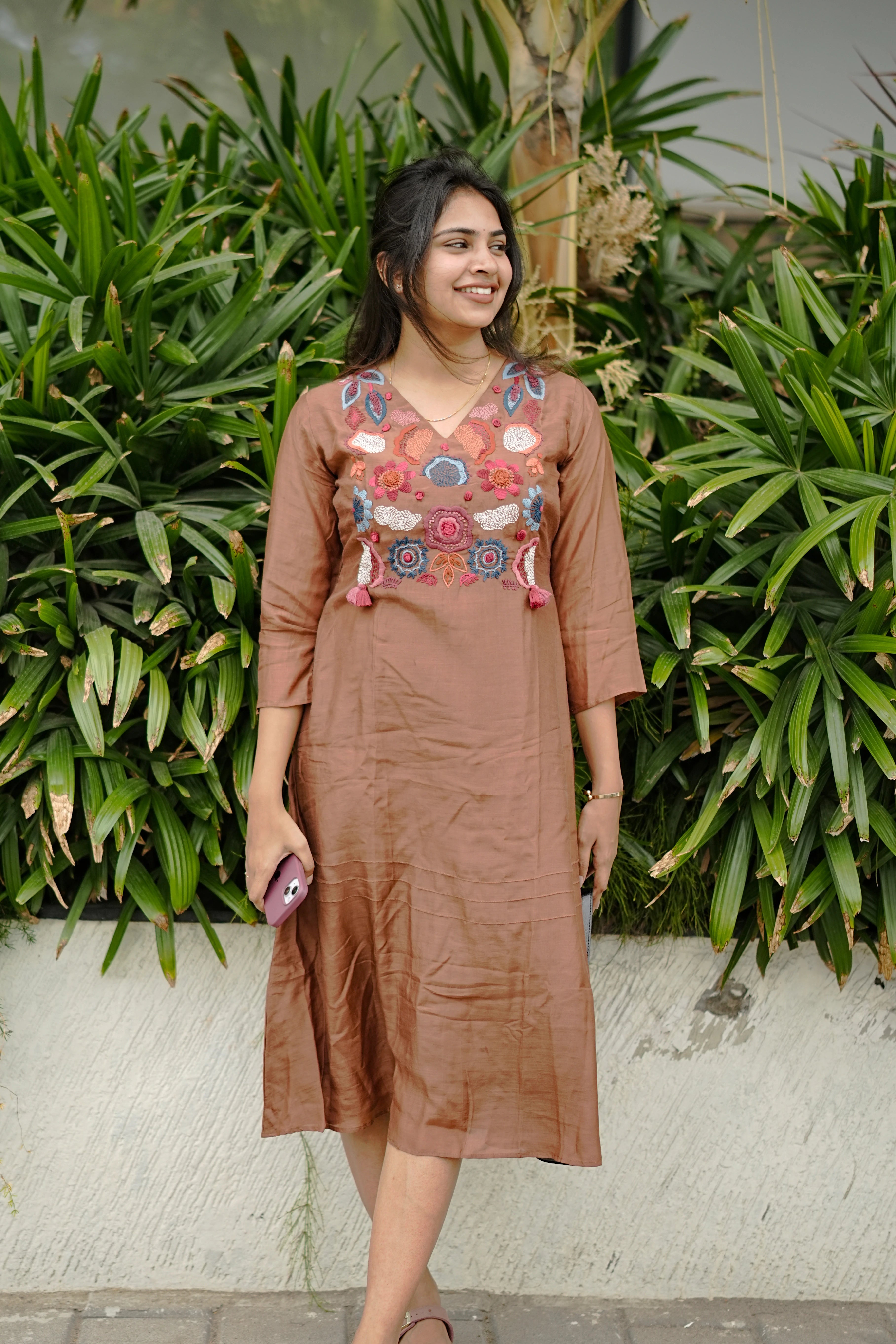 Brown Mul Silk Floral Hand Embroidery