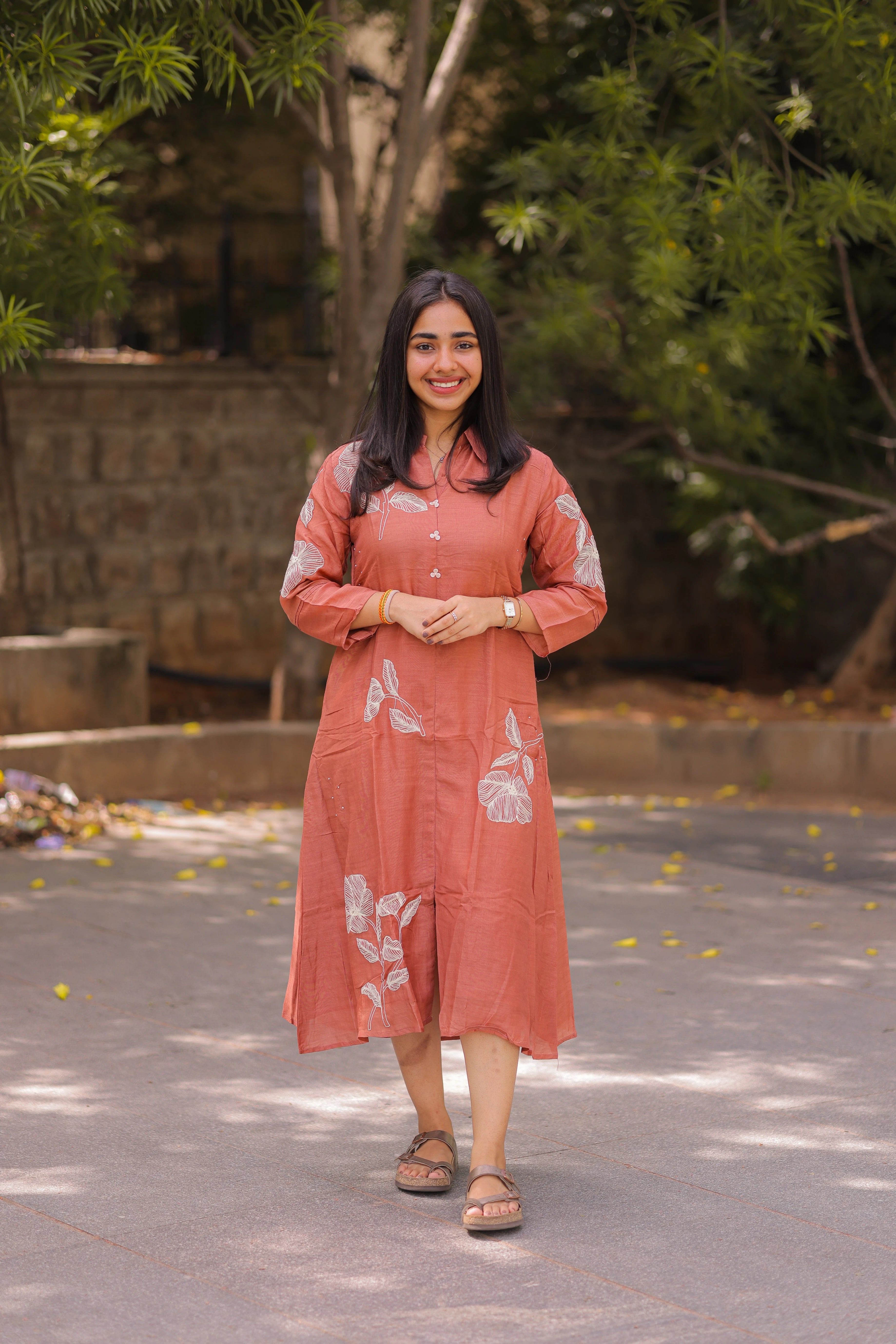 Brown Mul Silk Thread Embroidery
