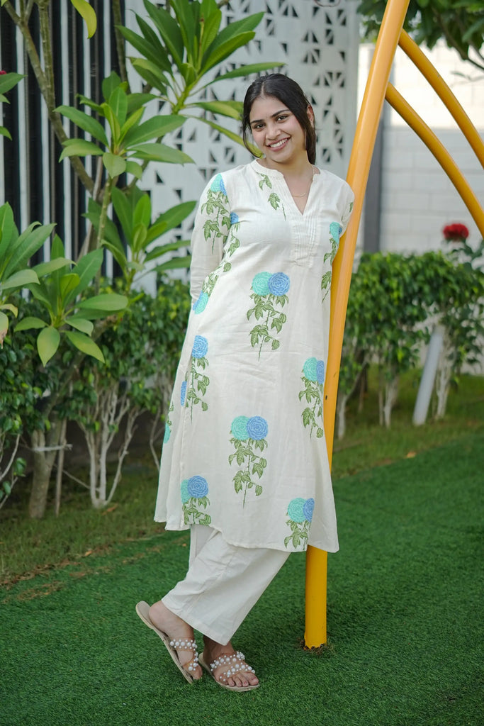Beige Cotton Floral Print Co-Ord Set for Women