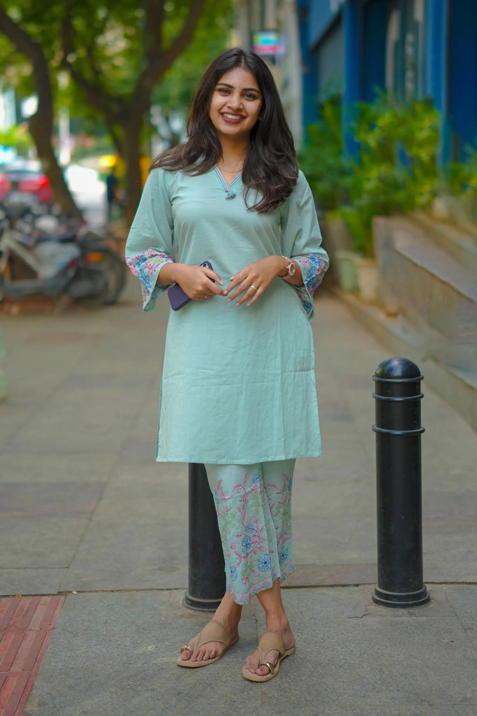Pastel Green Co-ord Set with Floral Thread Embroidery